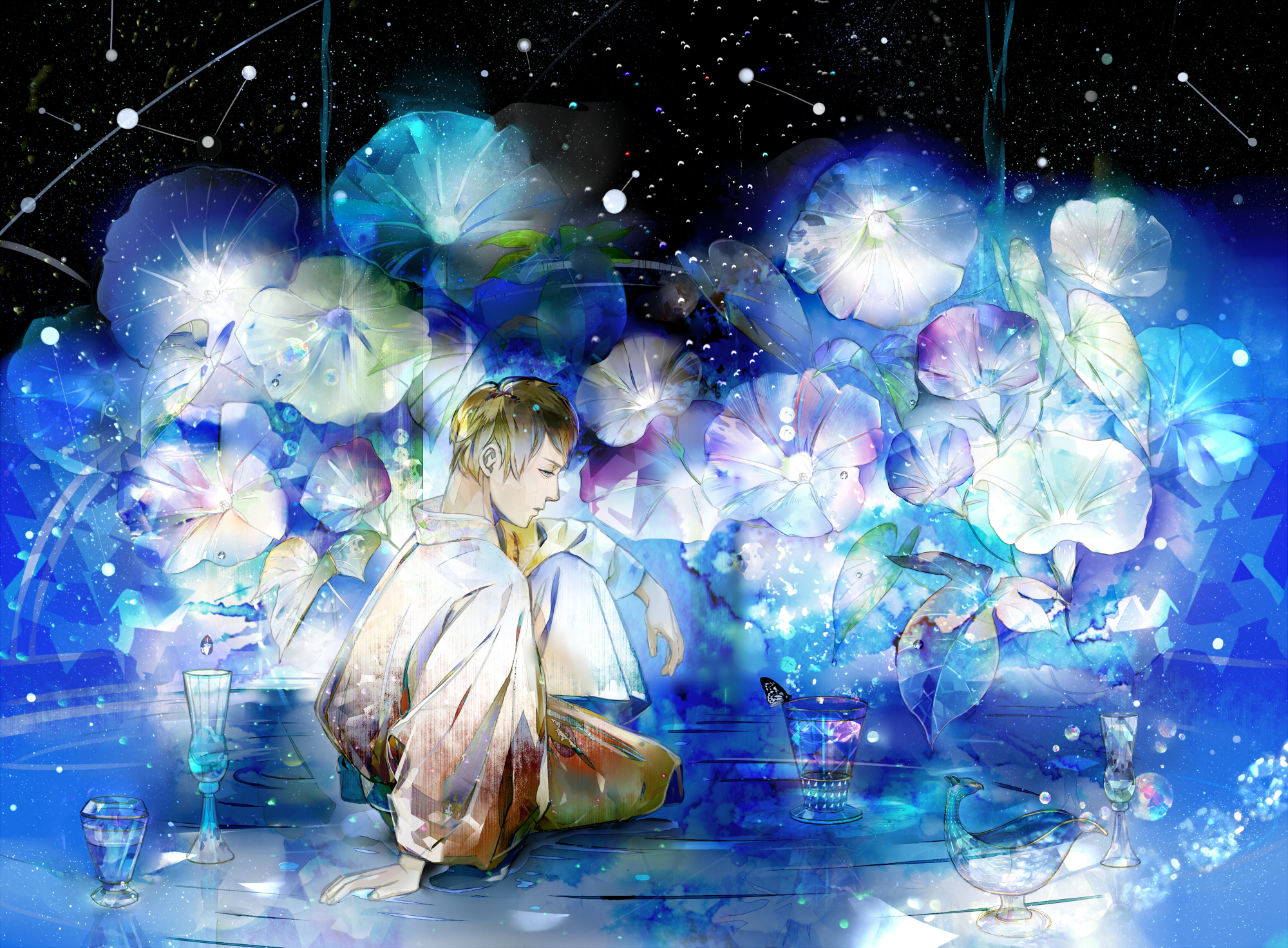 Boy surrounded by glowing morning glories under starry sky HD Wallpaper