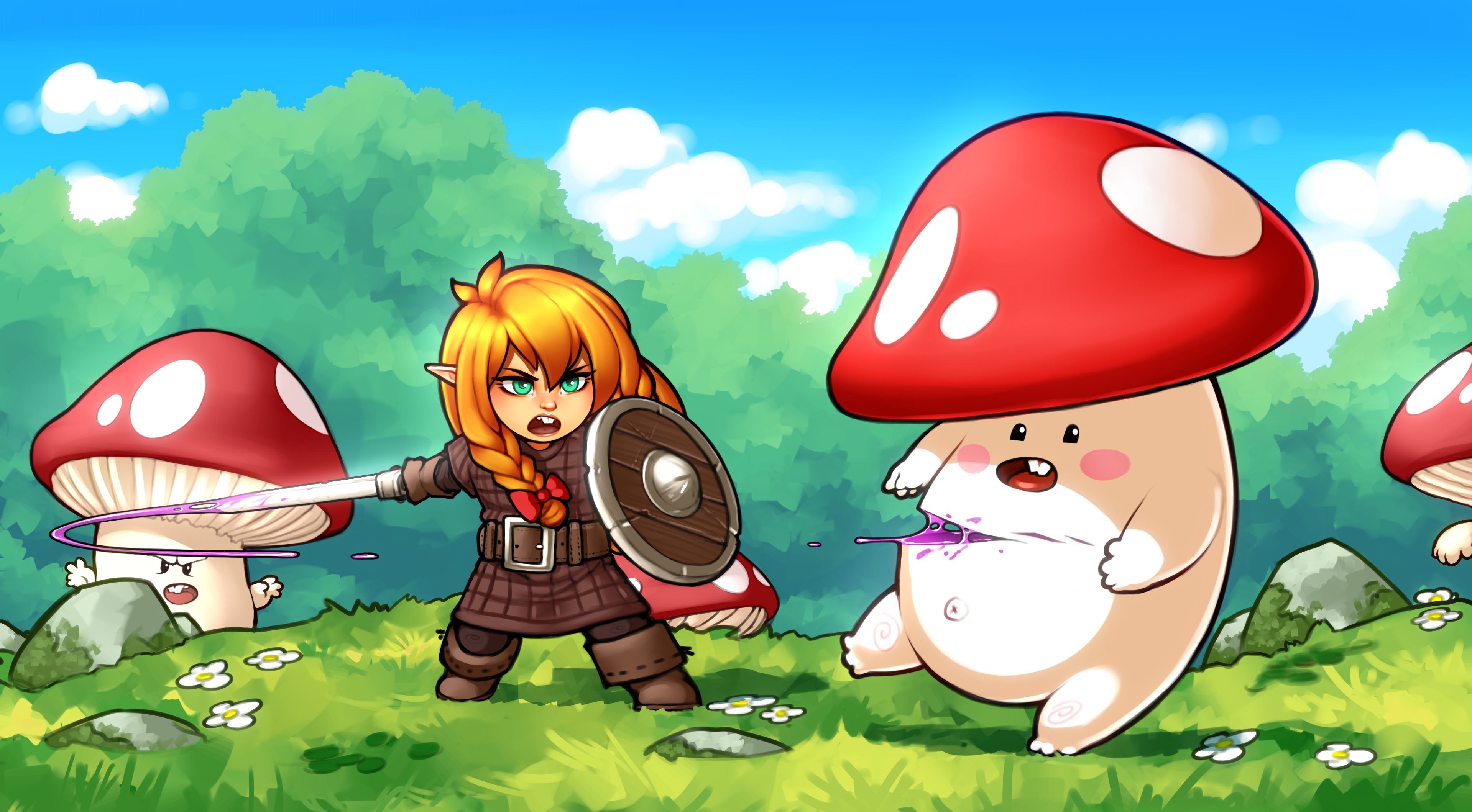 Woman warrior fighting mushroom creatures in a forest HD Wallpaper