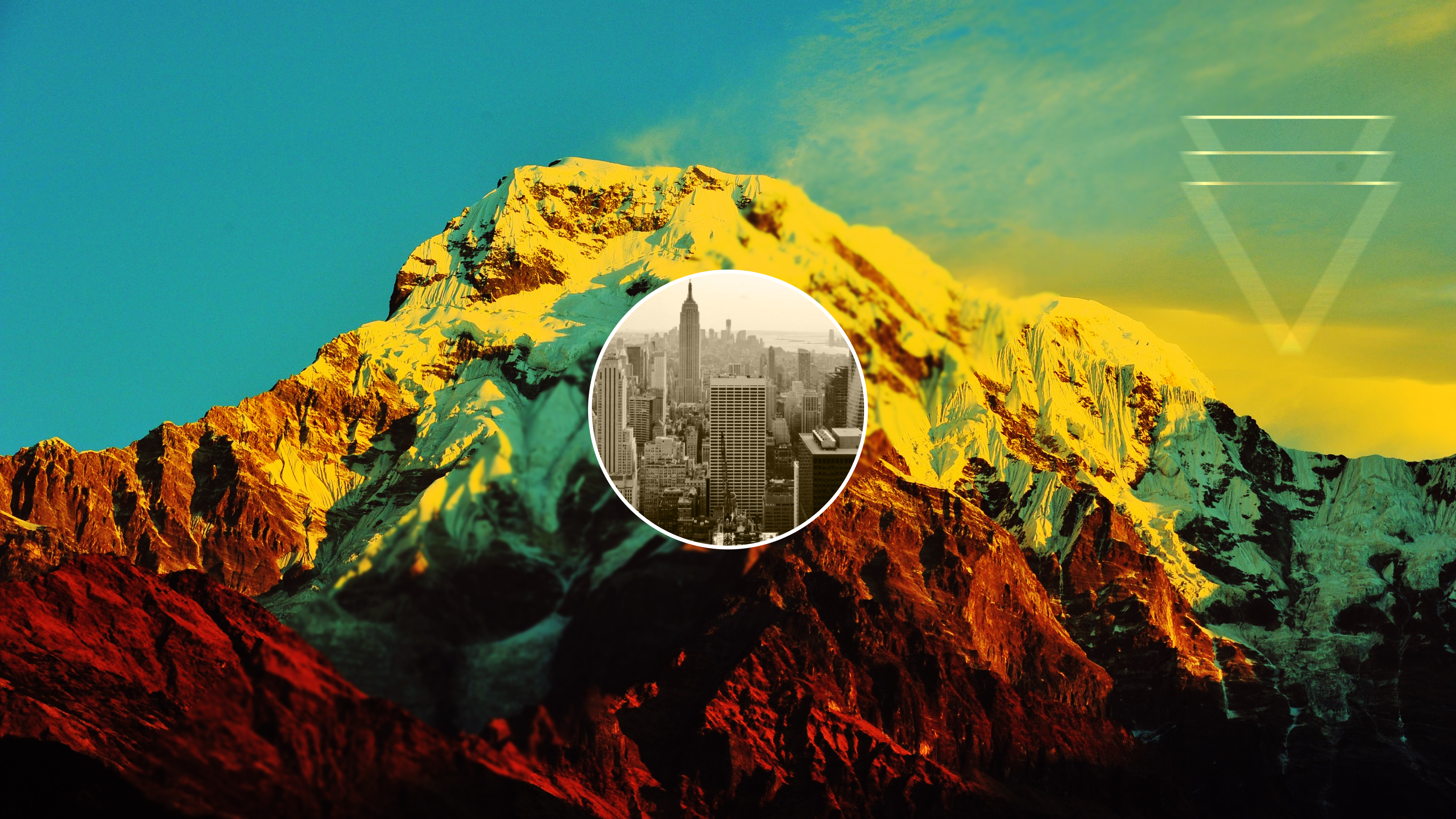Mountain landscape with New York City skyline in a circle HD Wallpaper