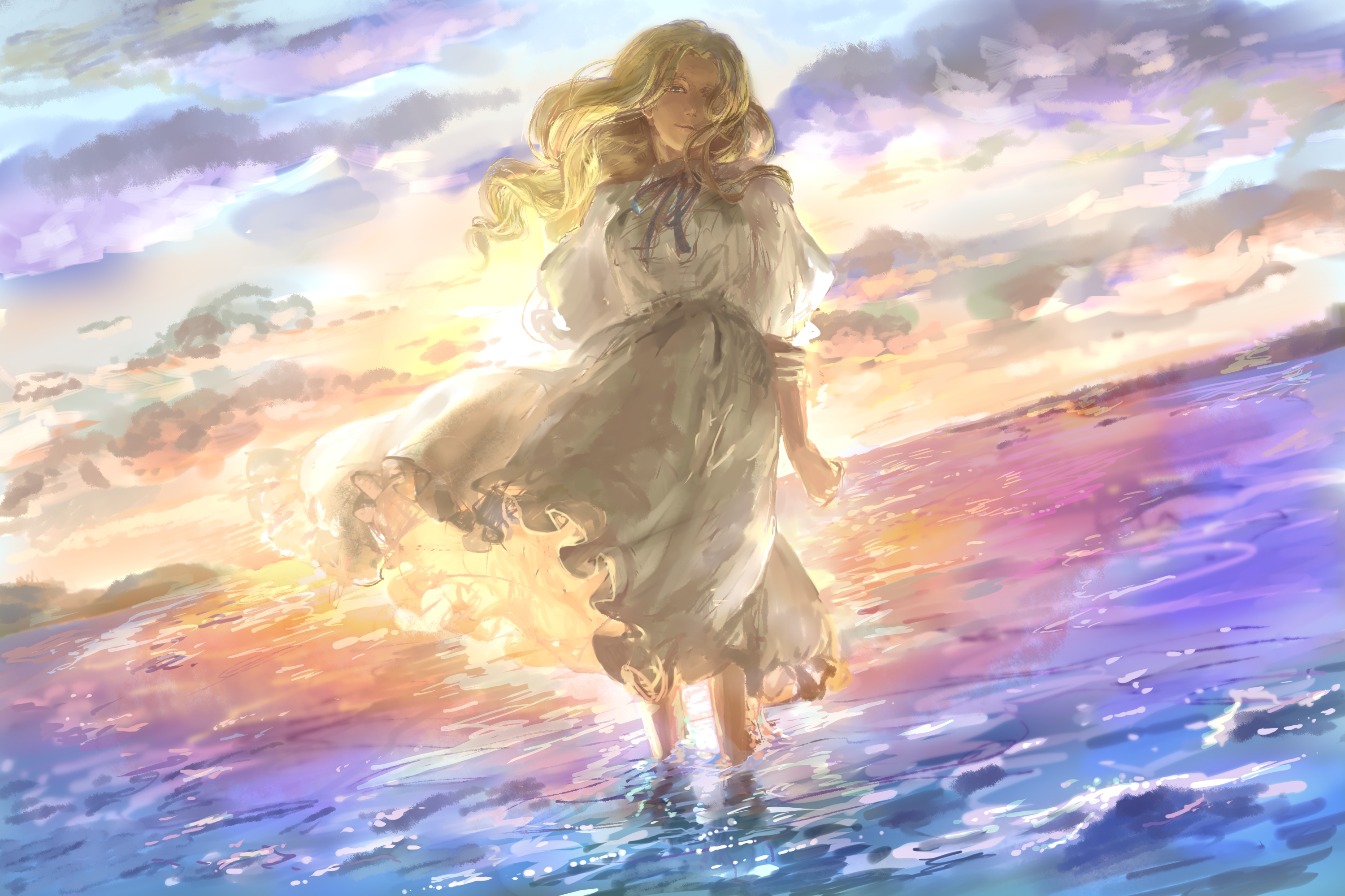 Girl in a white dress standing in the ocean at sunset HD Wallpaper