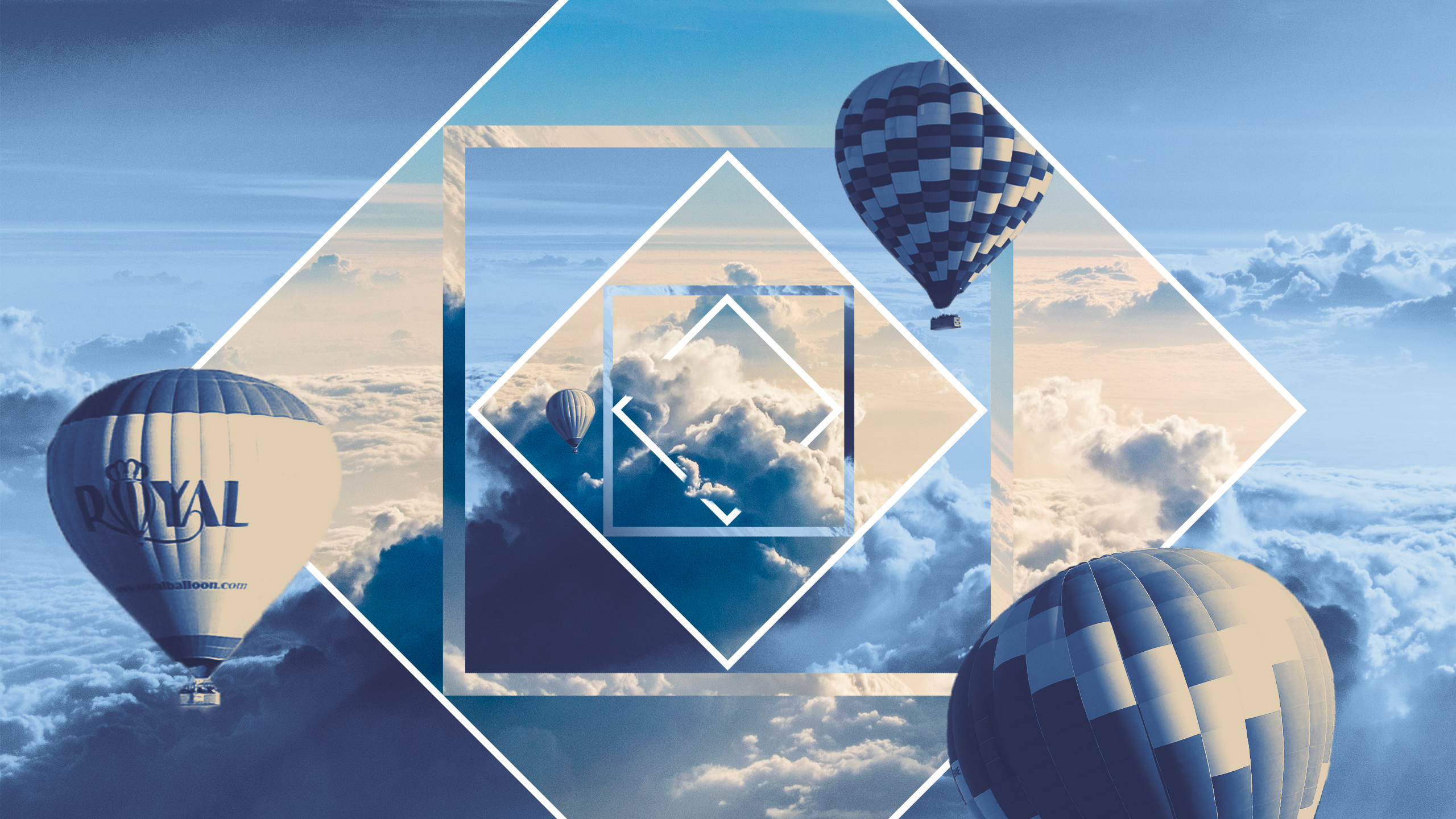 Hot air balloons over clouds with geometric overlay HD Wallpaper