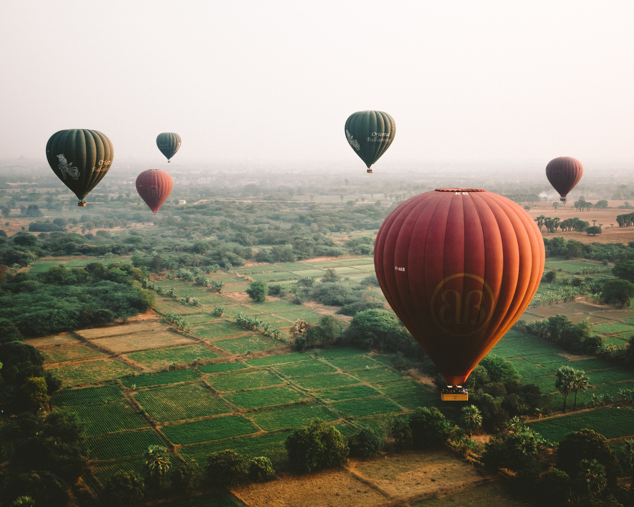 Hot air balloons over a rural landscape HD Wallpaper
