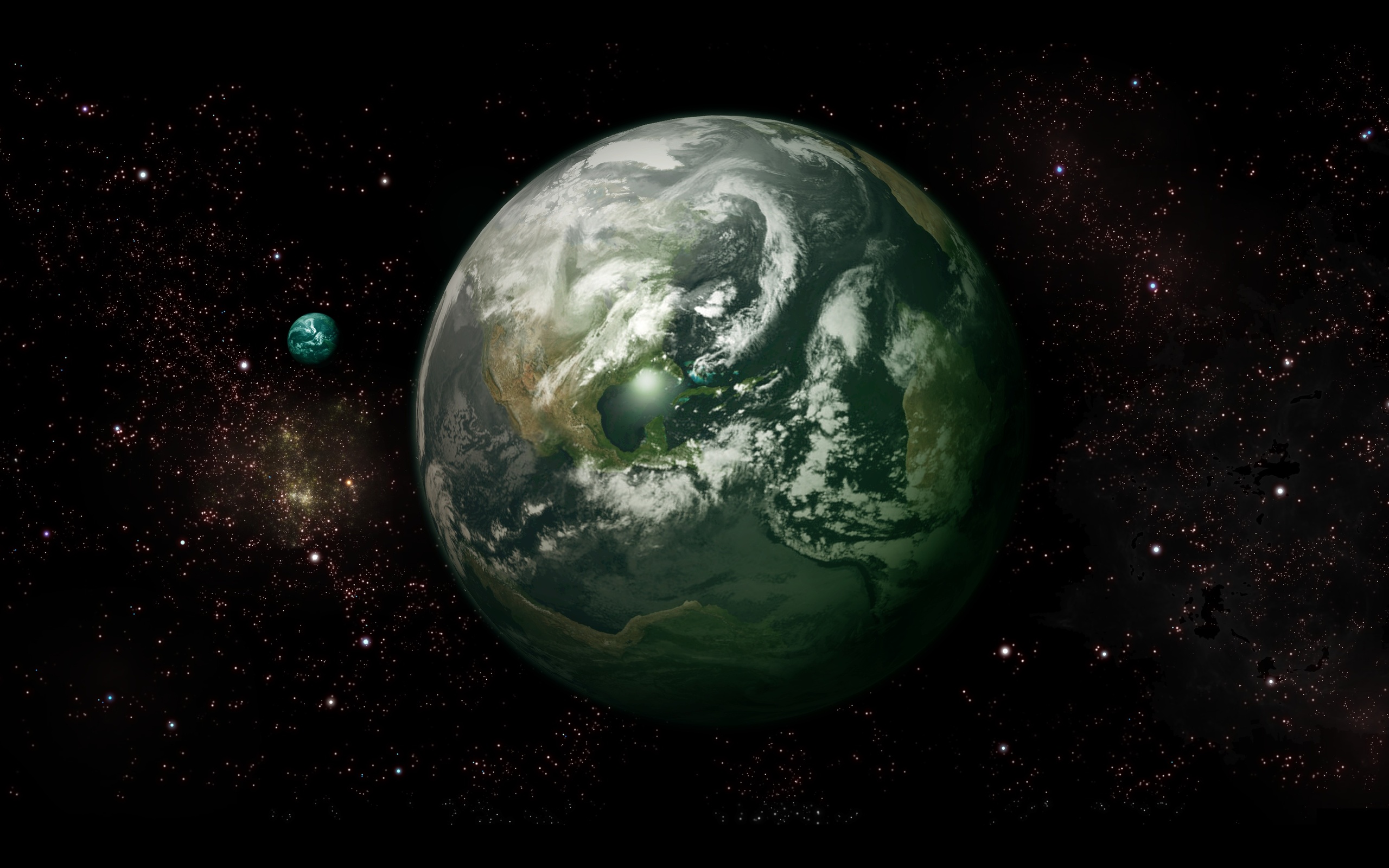 Planet and moon in starry space HD Wallpaper