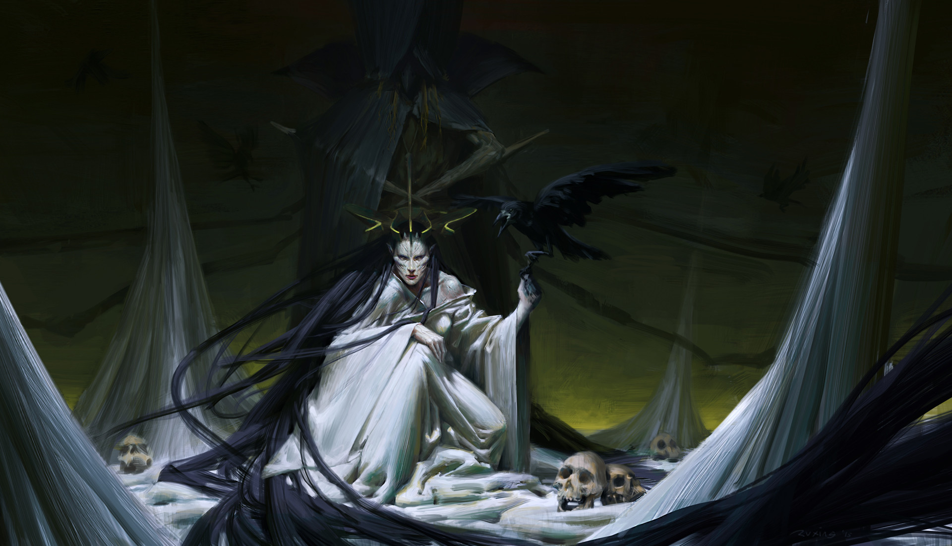 Dark fantasy woman with crow and skulls HD Wallpaper