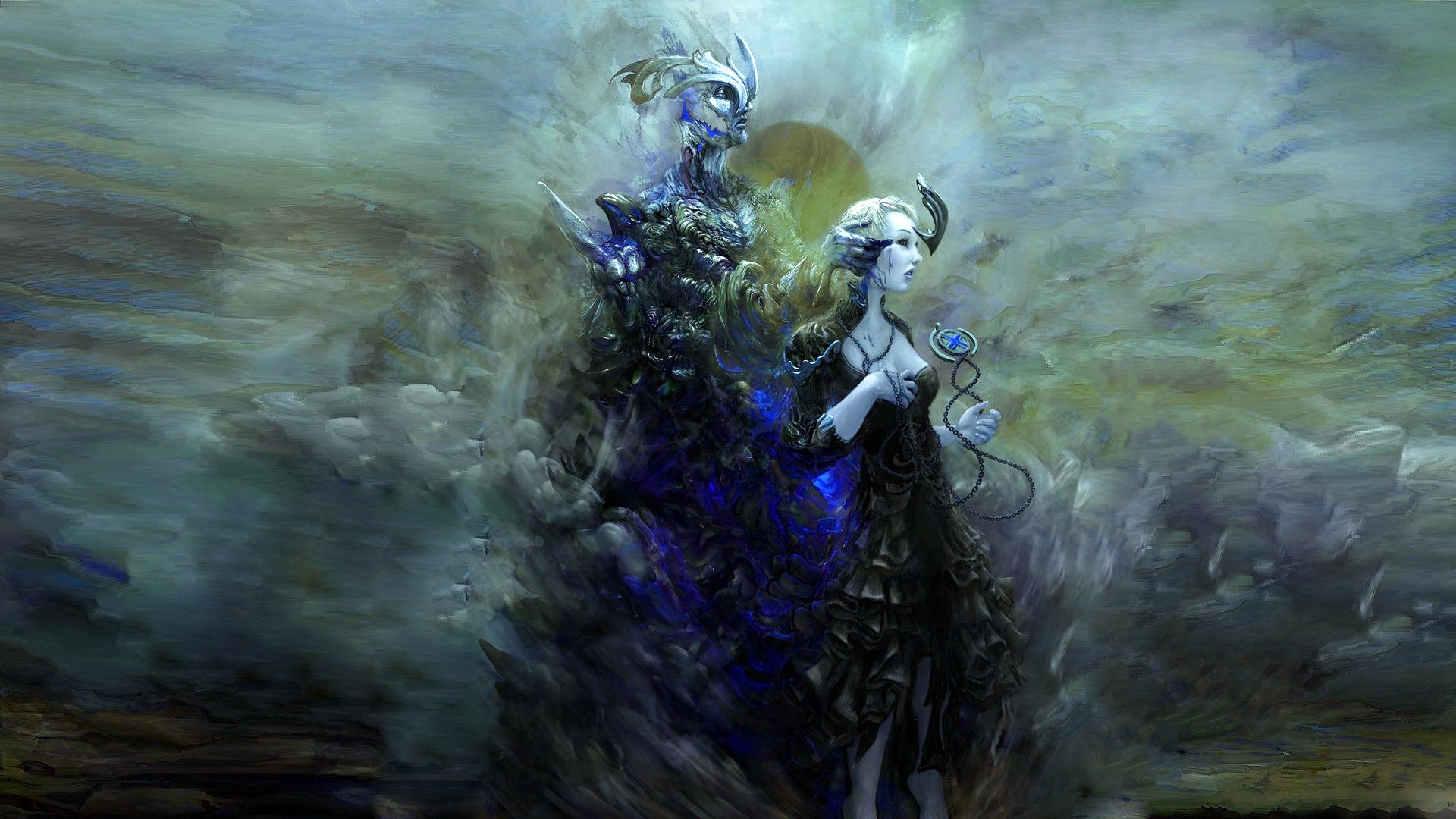 Fantasy art of a woman and a creature HD Wallpaper