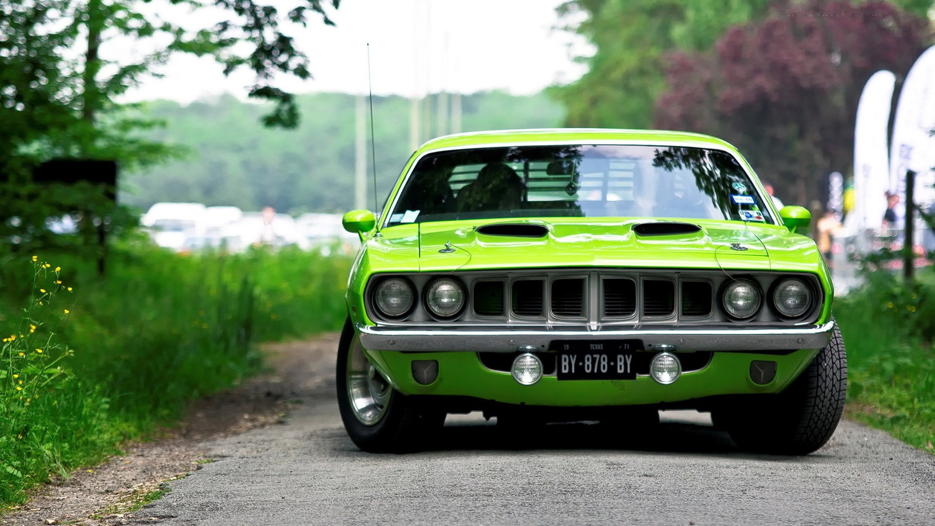 Lime green Plymouth Barracuda parked on a road HD Wallpaper