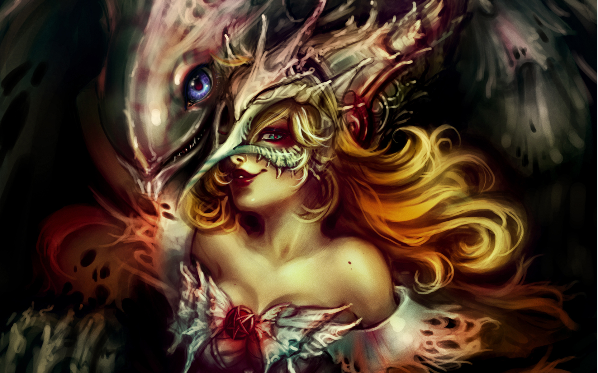 Woman in mask with dragon-like creature HD Wallpaper