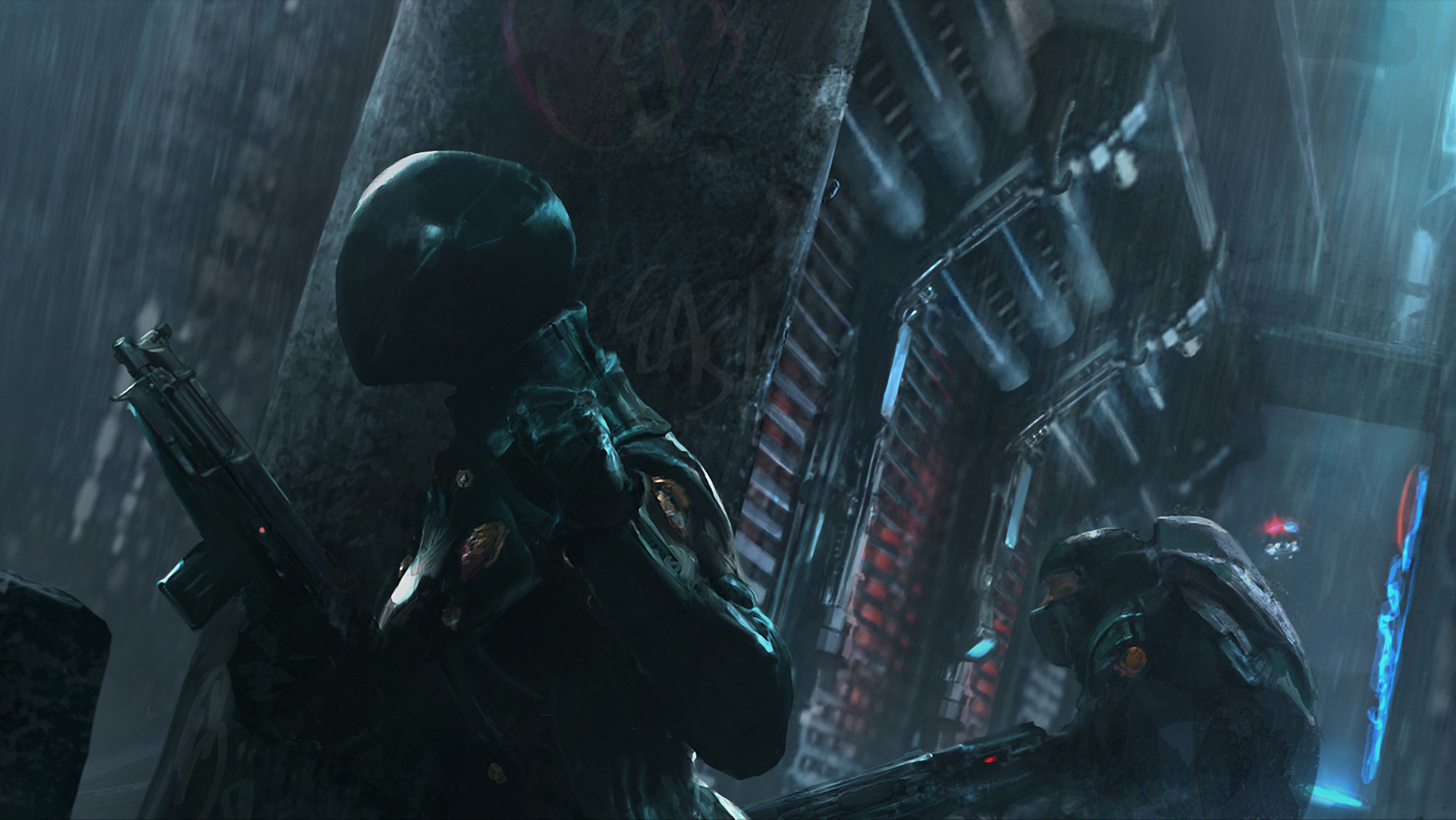 Soldiers with guns in a rainy, futuristic city HD Wallpaper