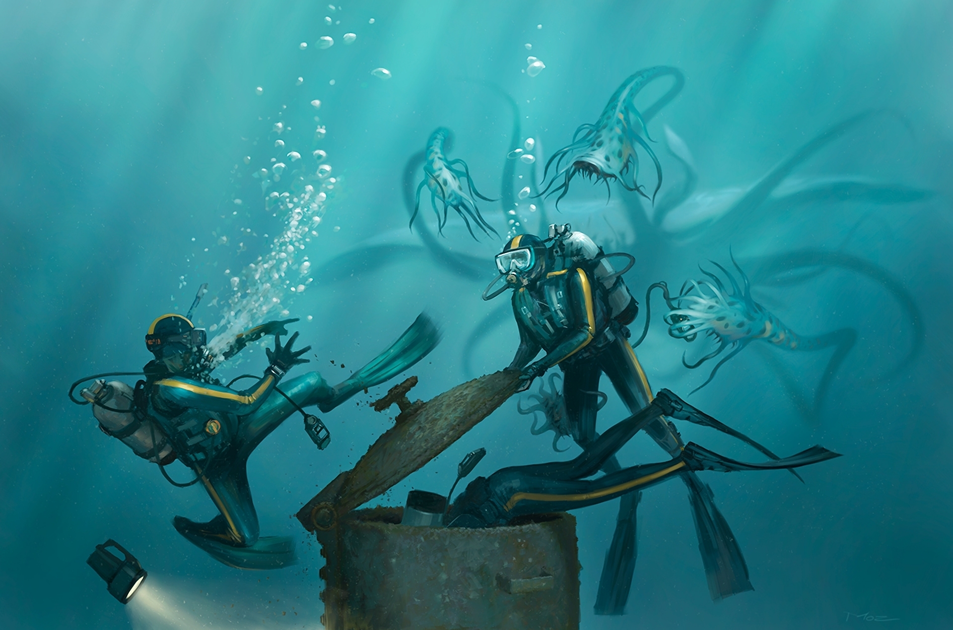 Divers encounter sea monsters near sunken object HD Wallpaper