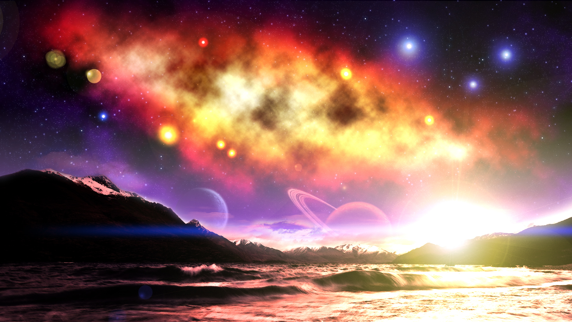 Nebula, Planets, and Sunrise over Watery Landscape HD Wallpaper