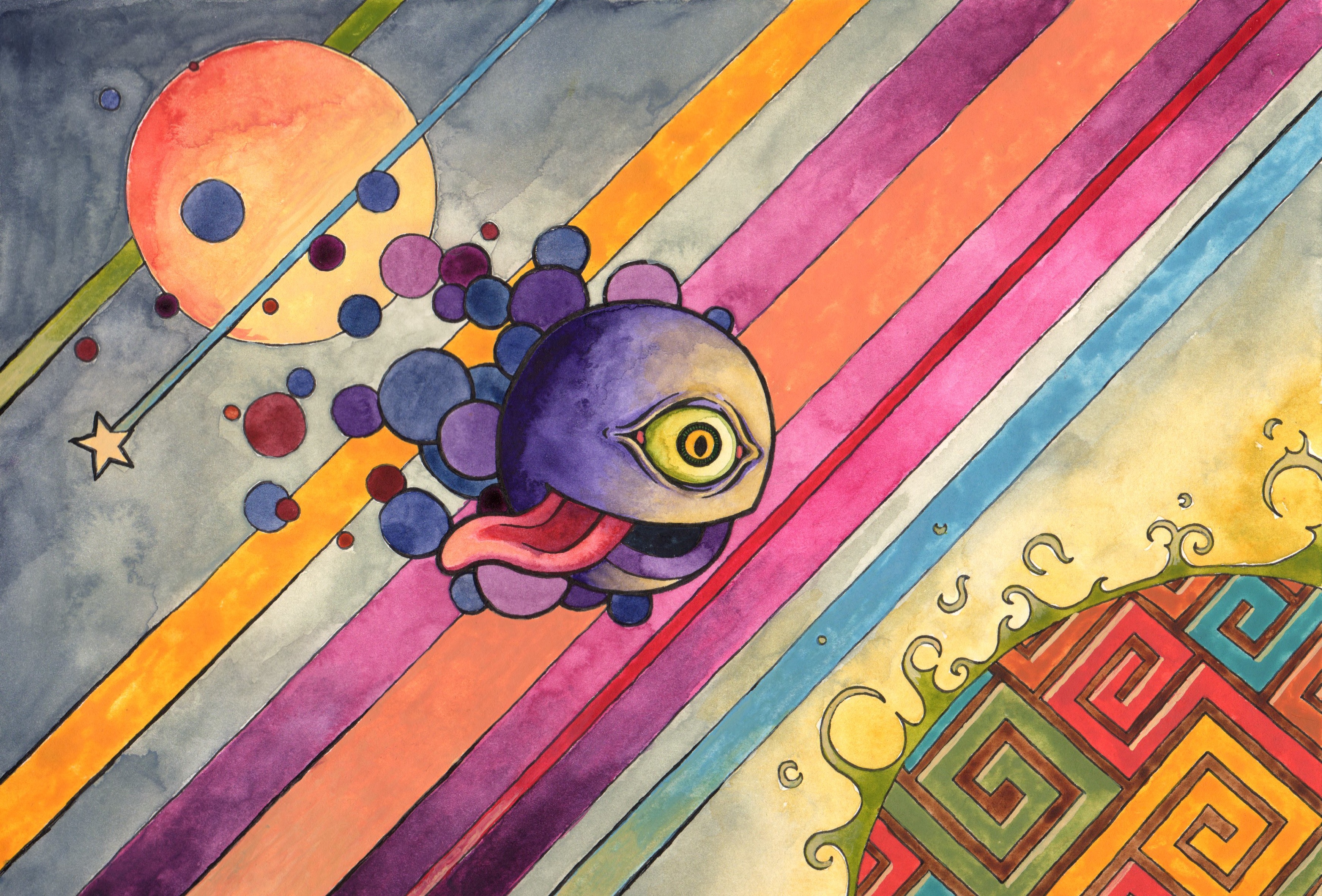 Psychedelic creature with eye and tongue in colorful space HD Wallpaper