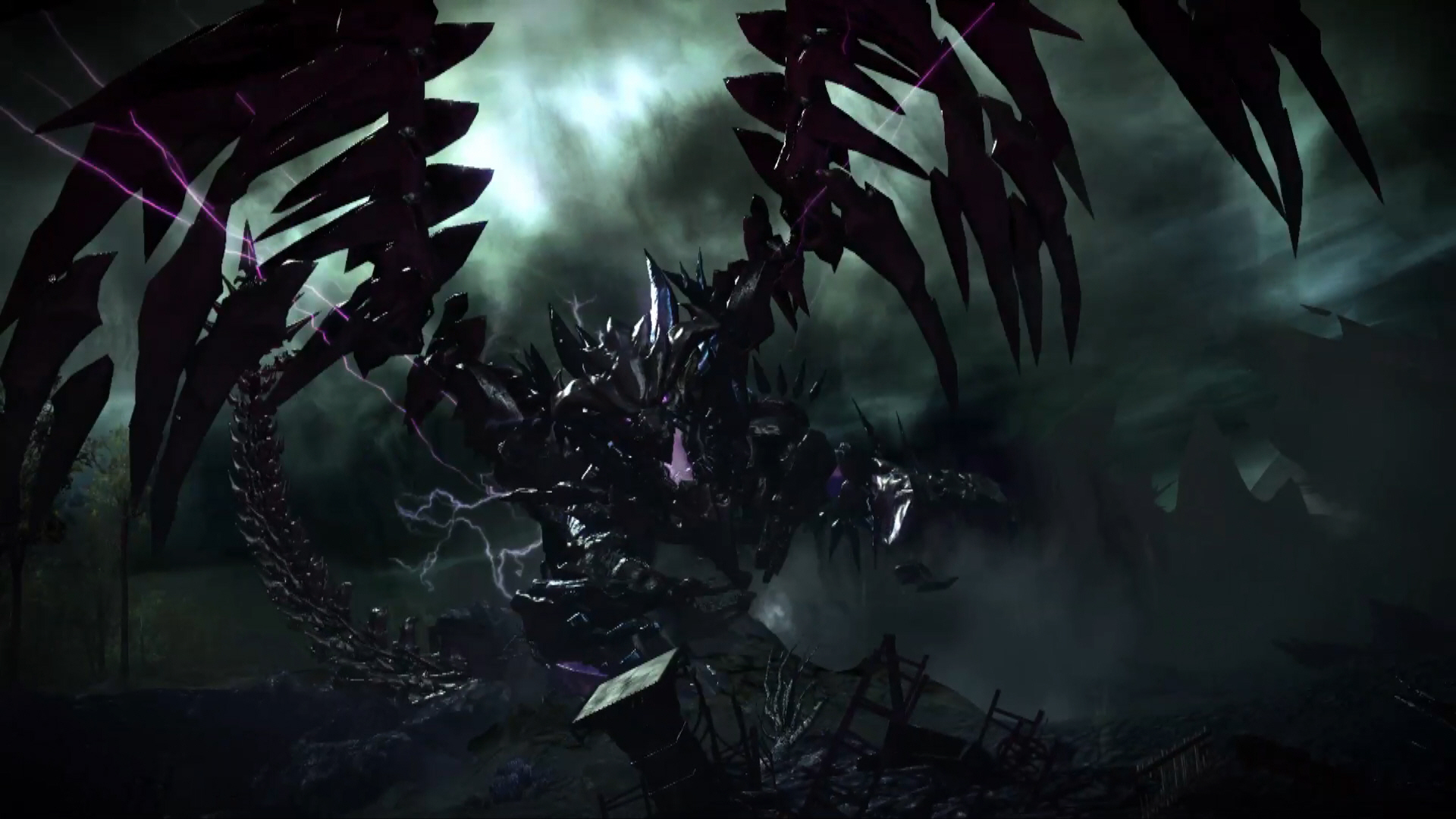 Dark Dragon creature with purple lightning in Guild Wars 2 HD Wallpaper