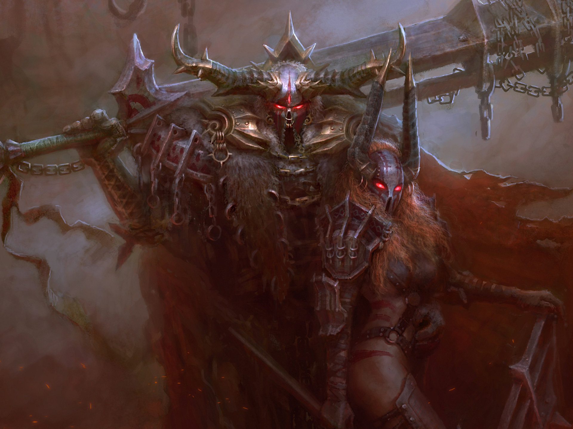 Dark warriors with horns and glowing red eyes HD Wallpaper