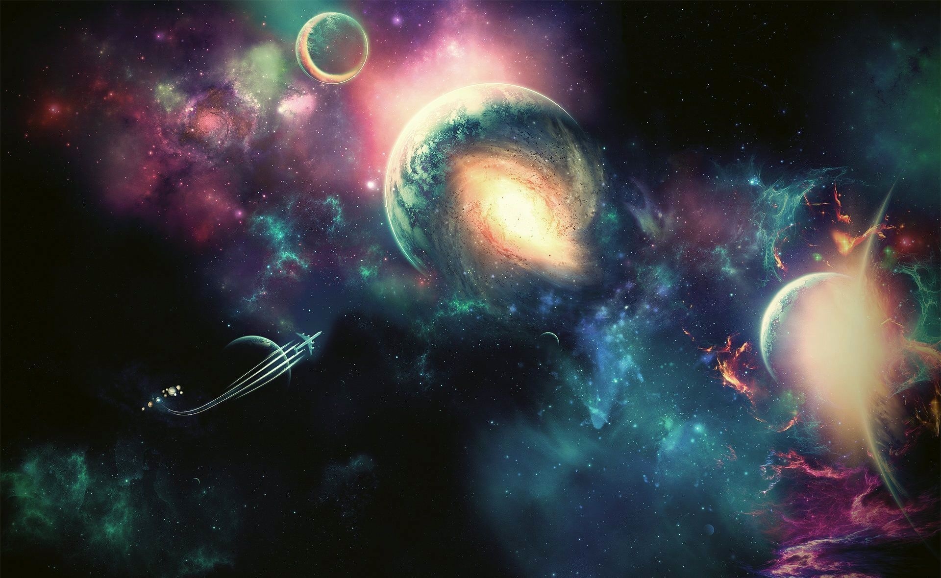 Spaceship traveling through a colorful nebula with planets HD Wallpaper