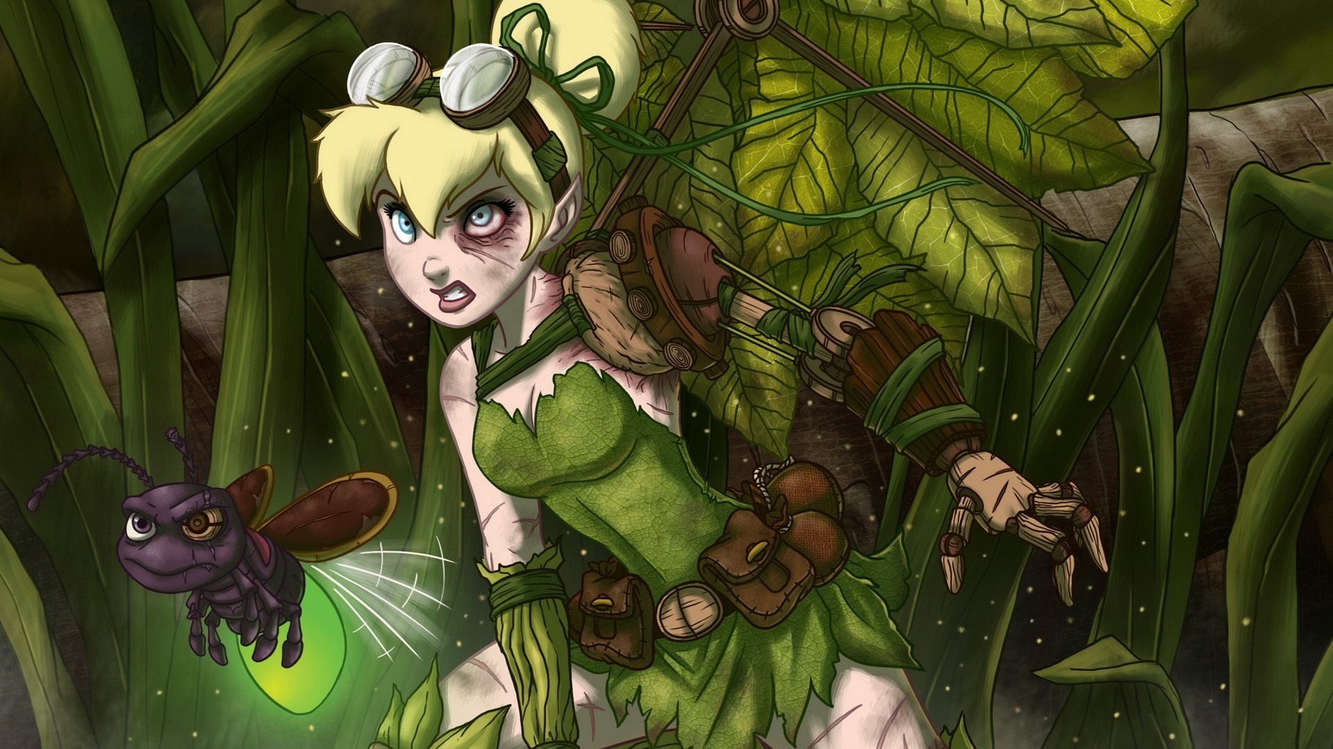 Tinkerbell and steampunk firefly in a forest HD Wallpaper