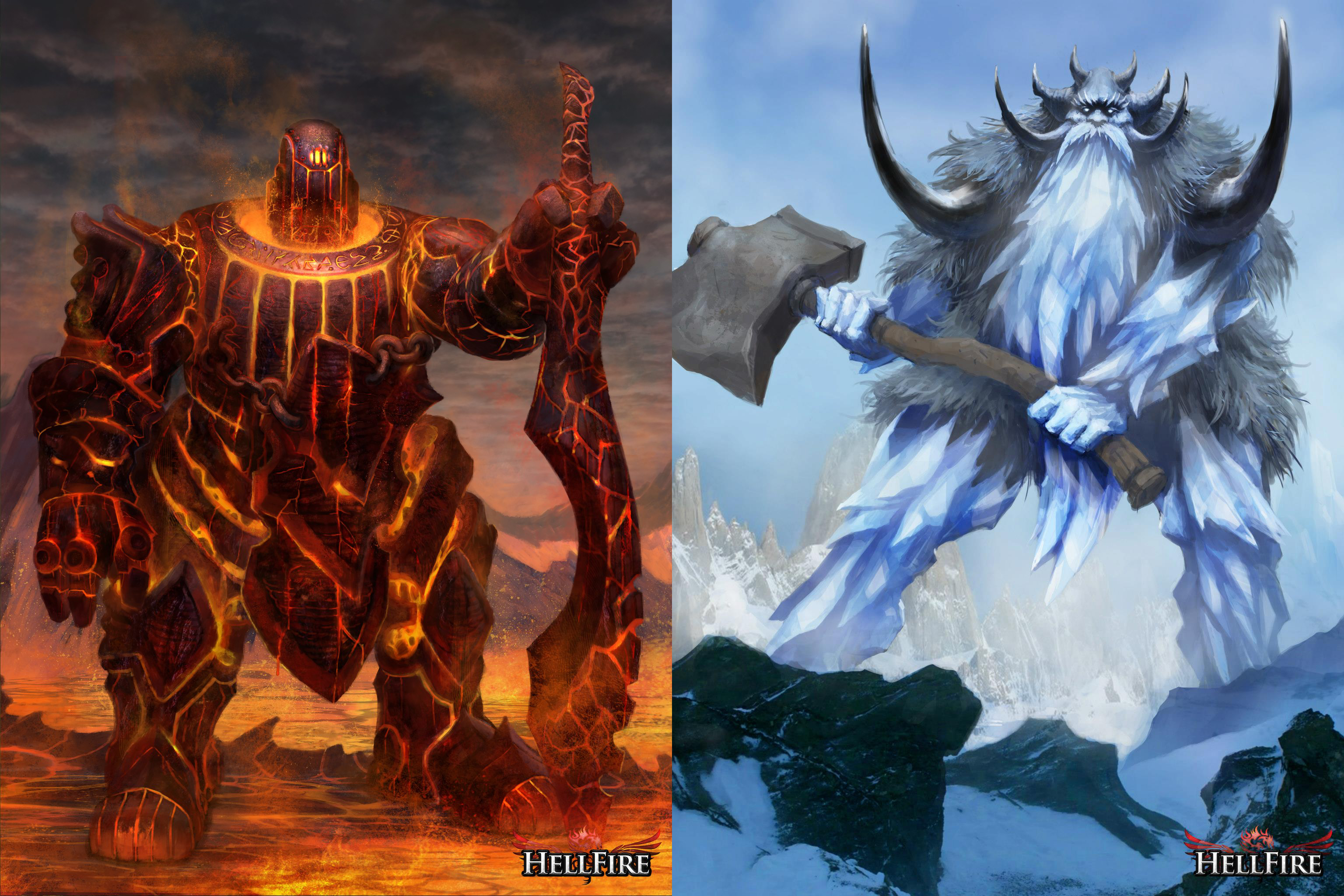 Fantasy game art of a fire giant and an ice giant HD Wallpaper