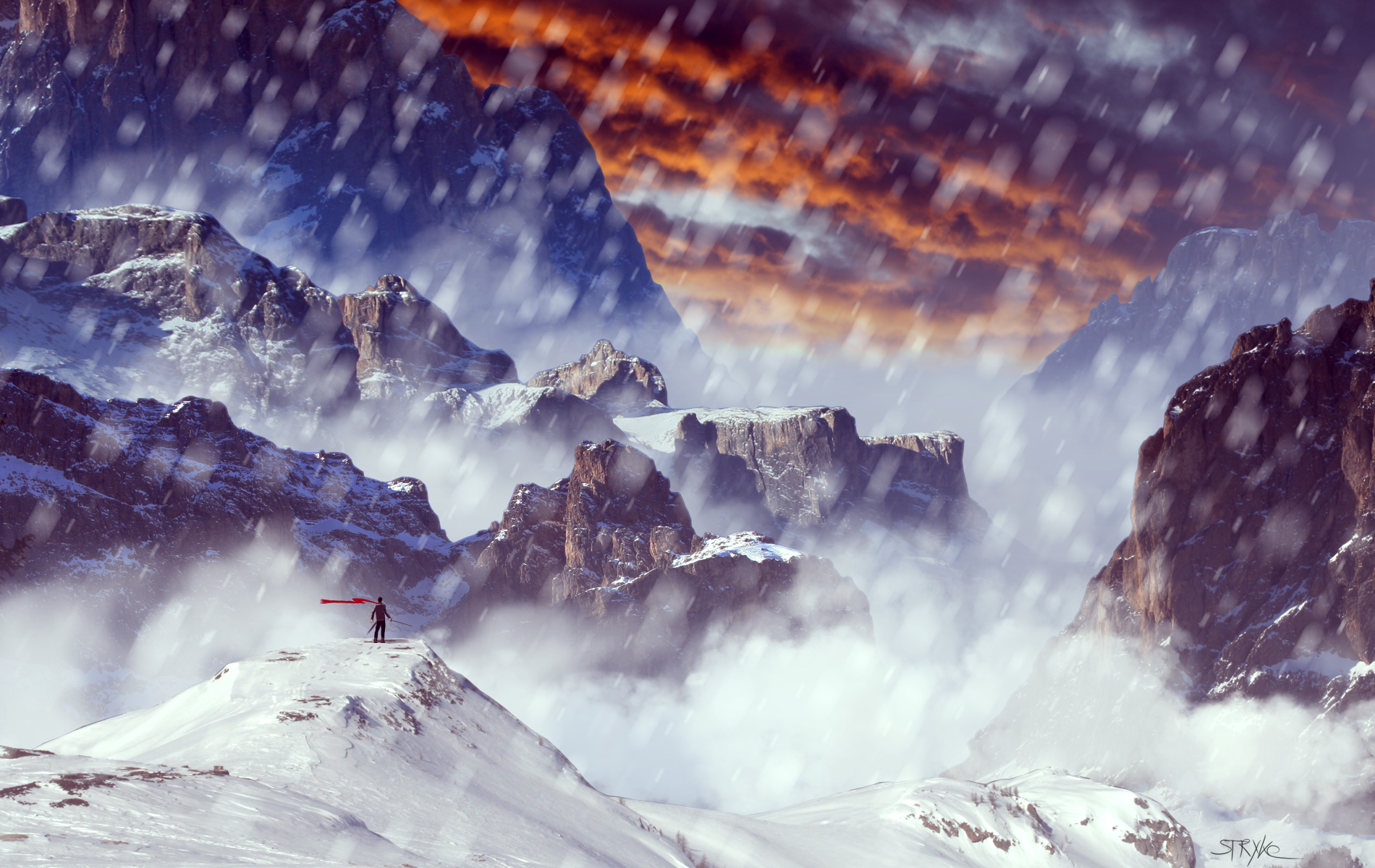 Fantasy warrior with red banner in snowy mountains HD Wallpaper