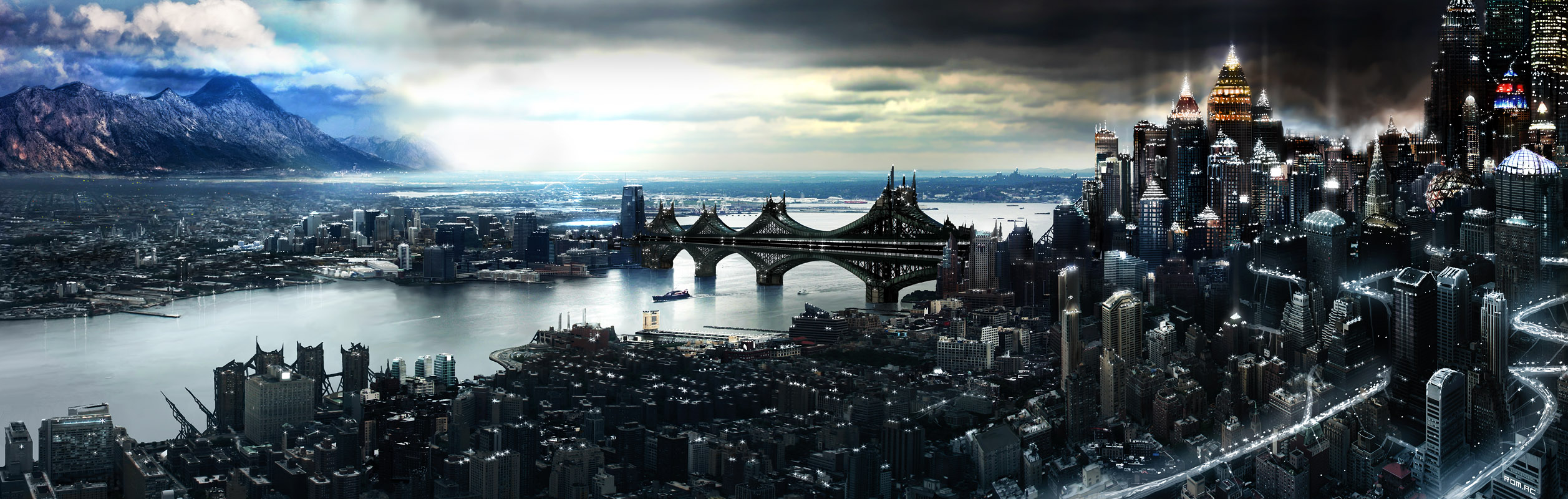 Futuristic Cityscape with Mountains and Bridge HD Wallpaper