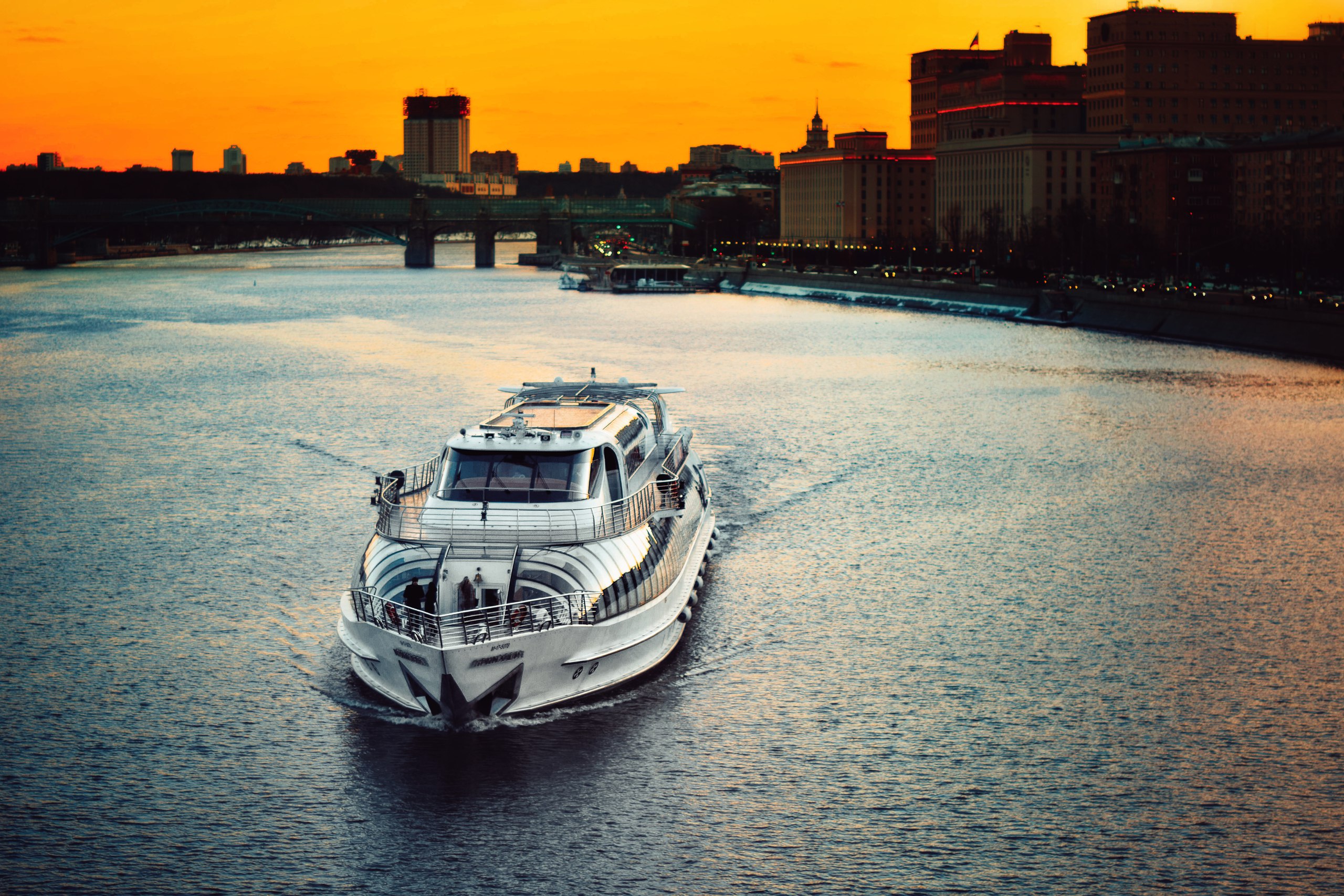 Boat on a river in Russia at sunset HD Wallpaper