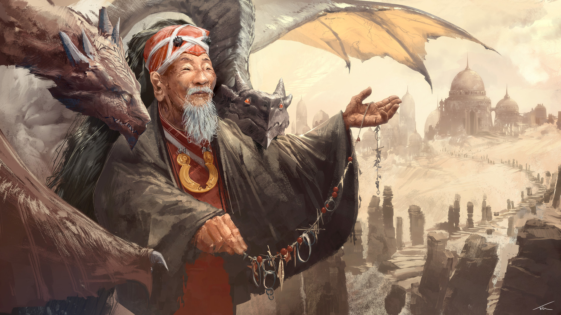 Elderly man with dragons and desert city HD Wallpaper