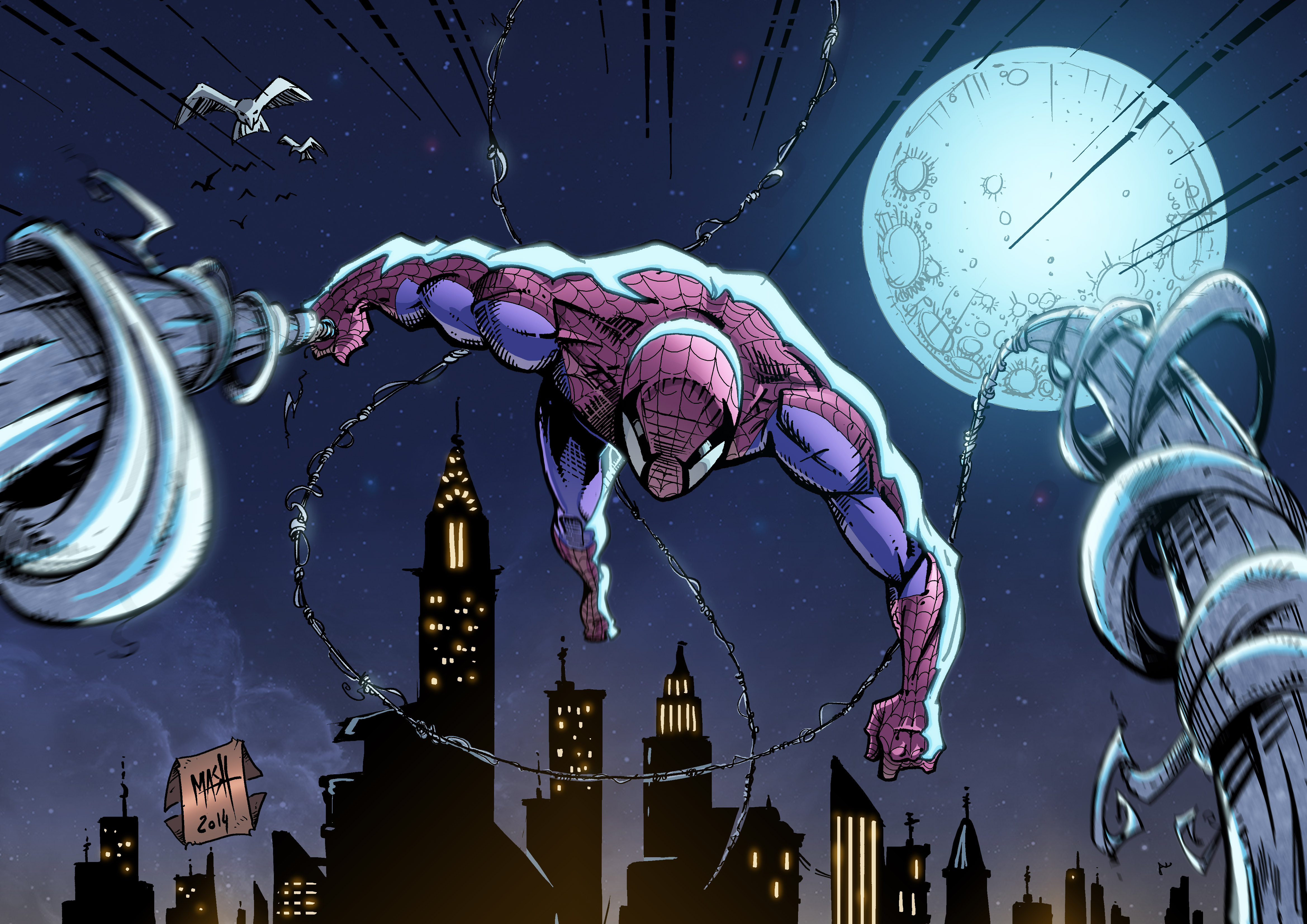Spider-Man swinging through a city at night HD Wallpaper