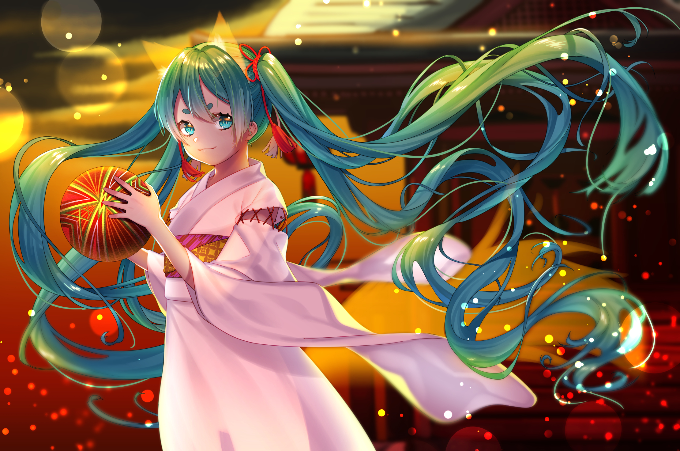 Hatsune Miku in a white kimono holding a ball HD Wallpaper