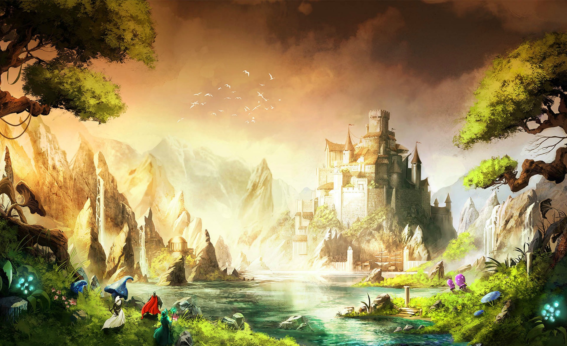 Fantasy castle on a mountain by a lake HD Wallpaper