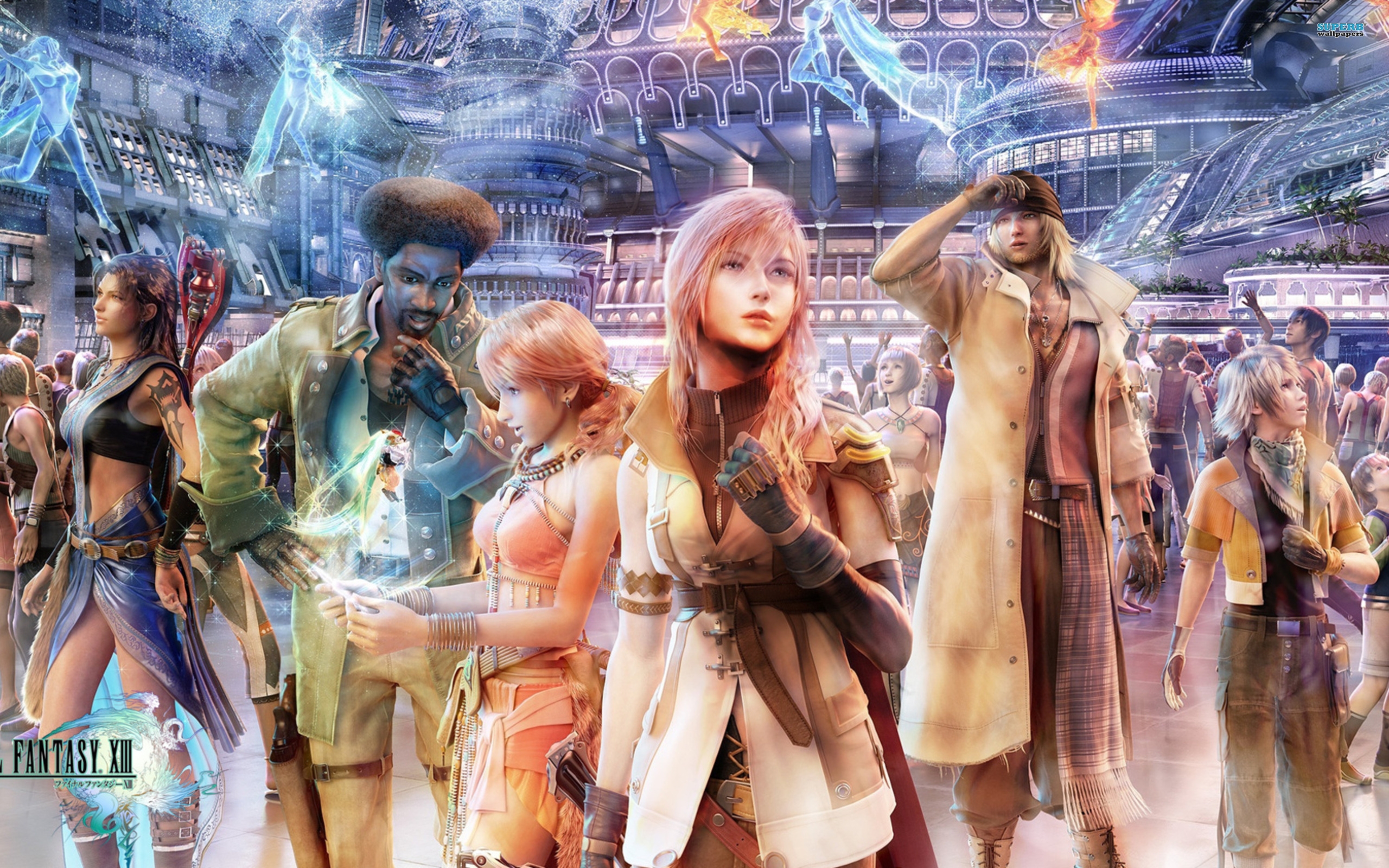 Final Fantasy XIII characters in a futuristic city HD Wallpaper