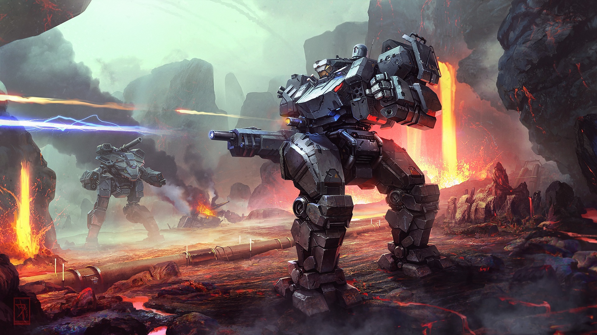 Futuristic robots battling in a volcanic landscape HD Wallpaper