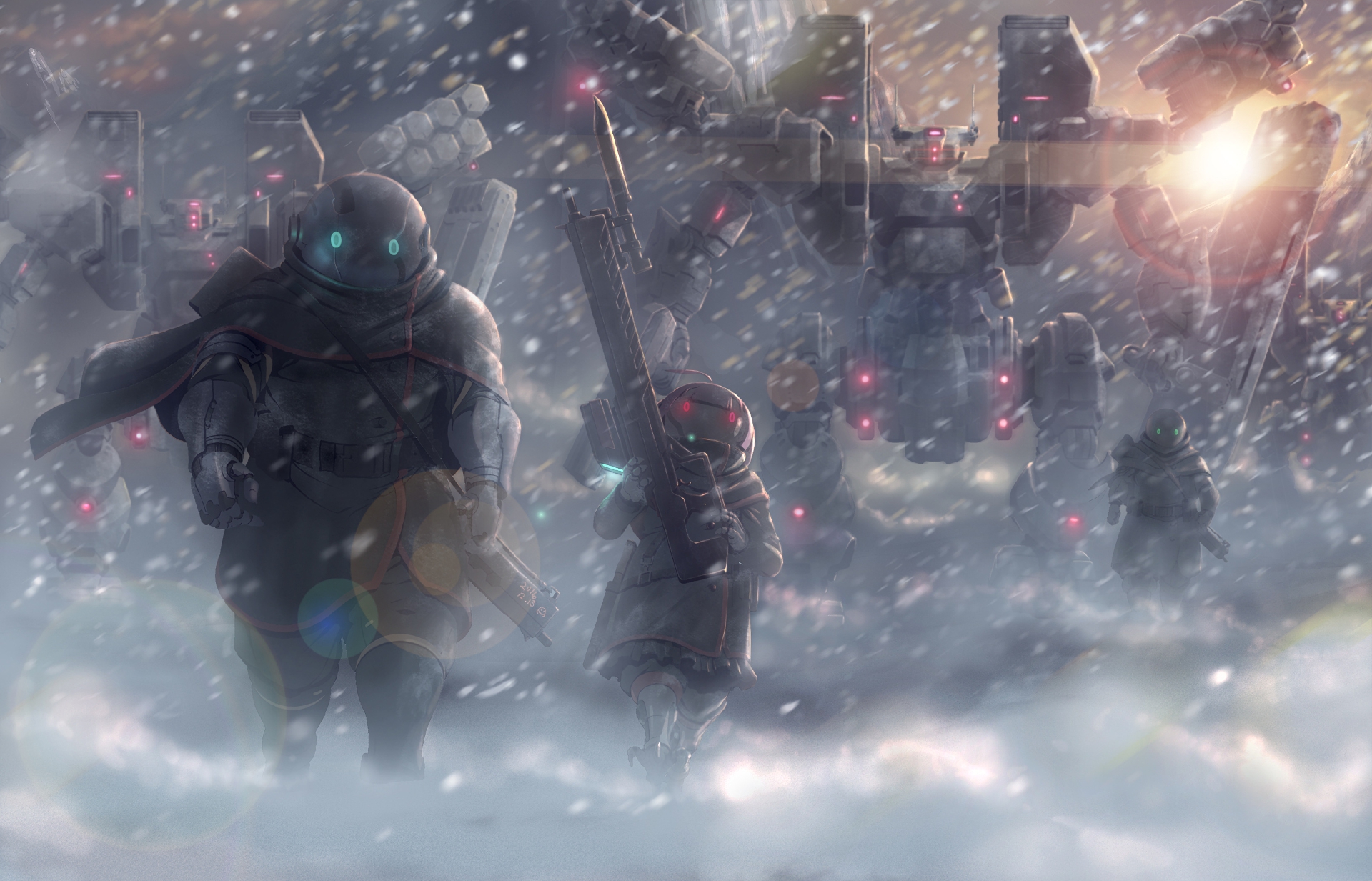 Mecha and soldiers in a snowy landscape HD Wallpaper