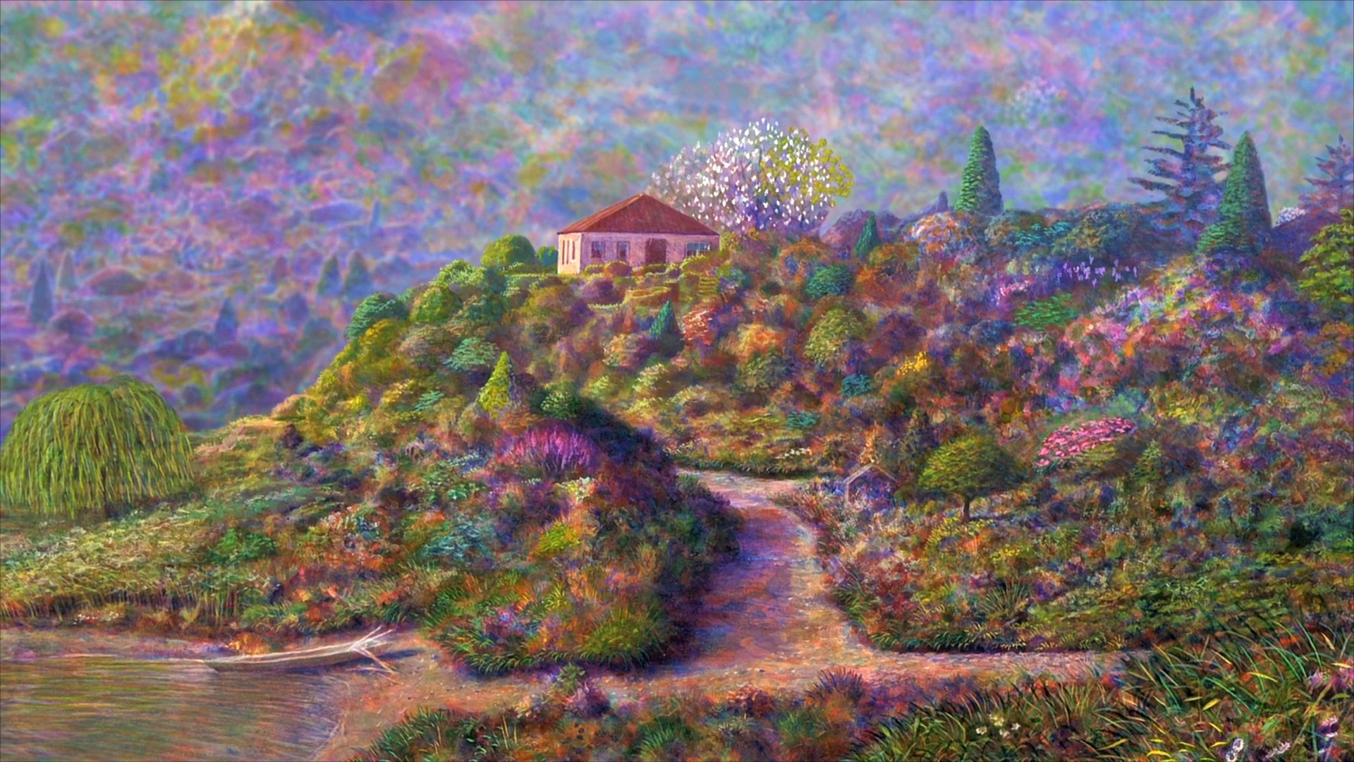 Colorful landscape with a house on a hill HD Wallpaper