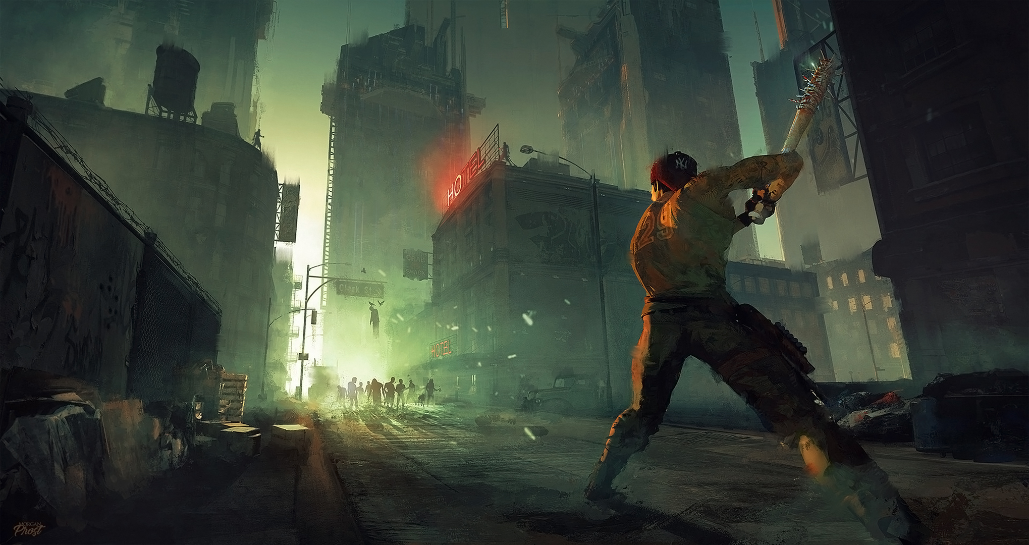 Post-apocalyptic city with survivors and a spiked bat HD Wallpaper