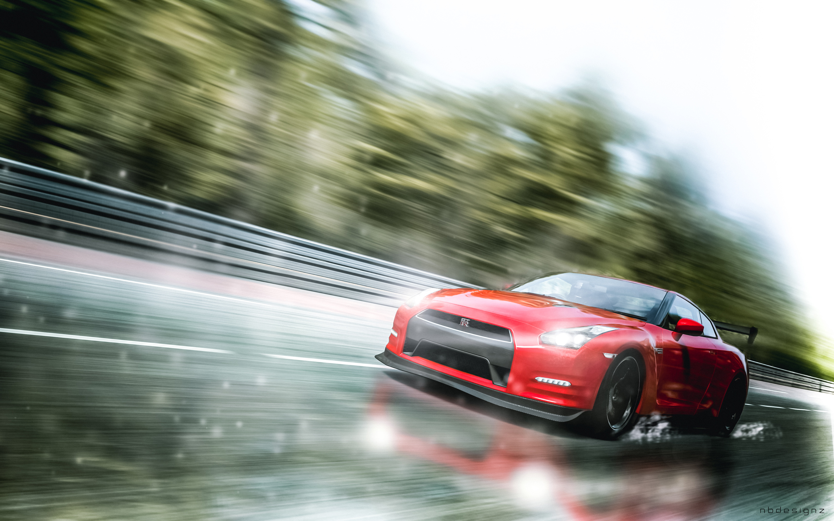 Red Nissan GT-R driving on a wet track HD Wallpaper