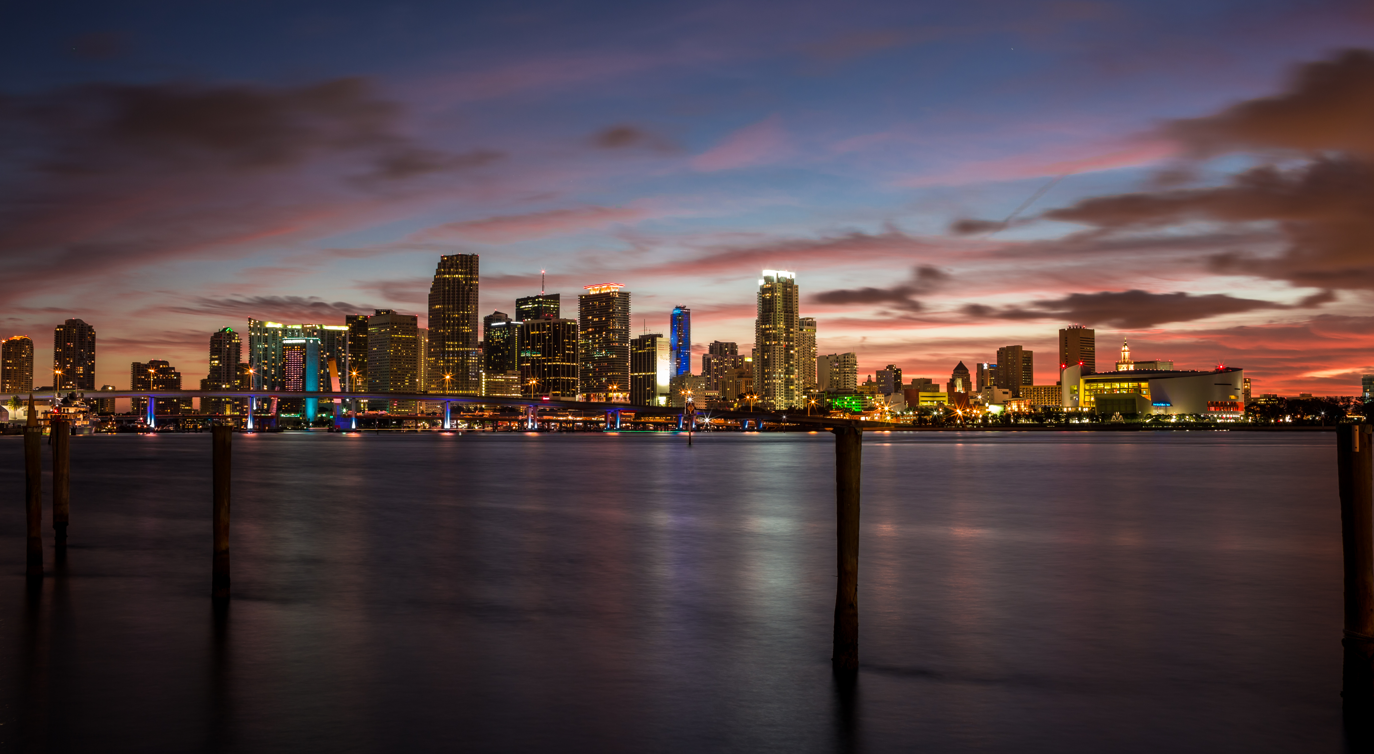Miami Cityscape at Dusk with Water and Bridge HD Wallpaper