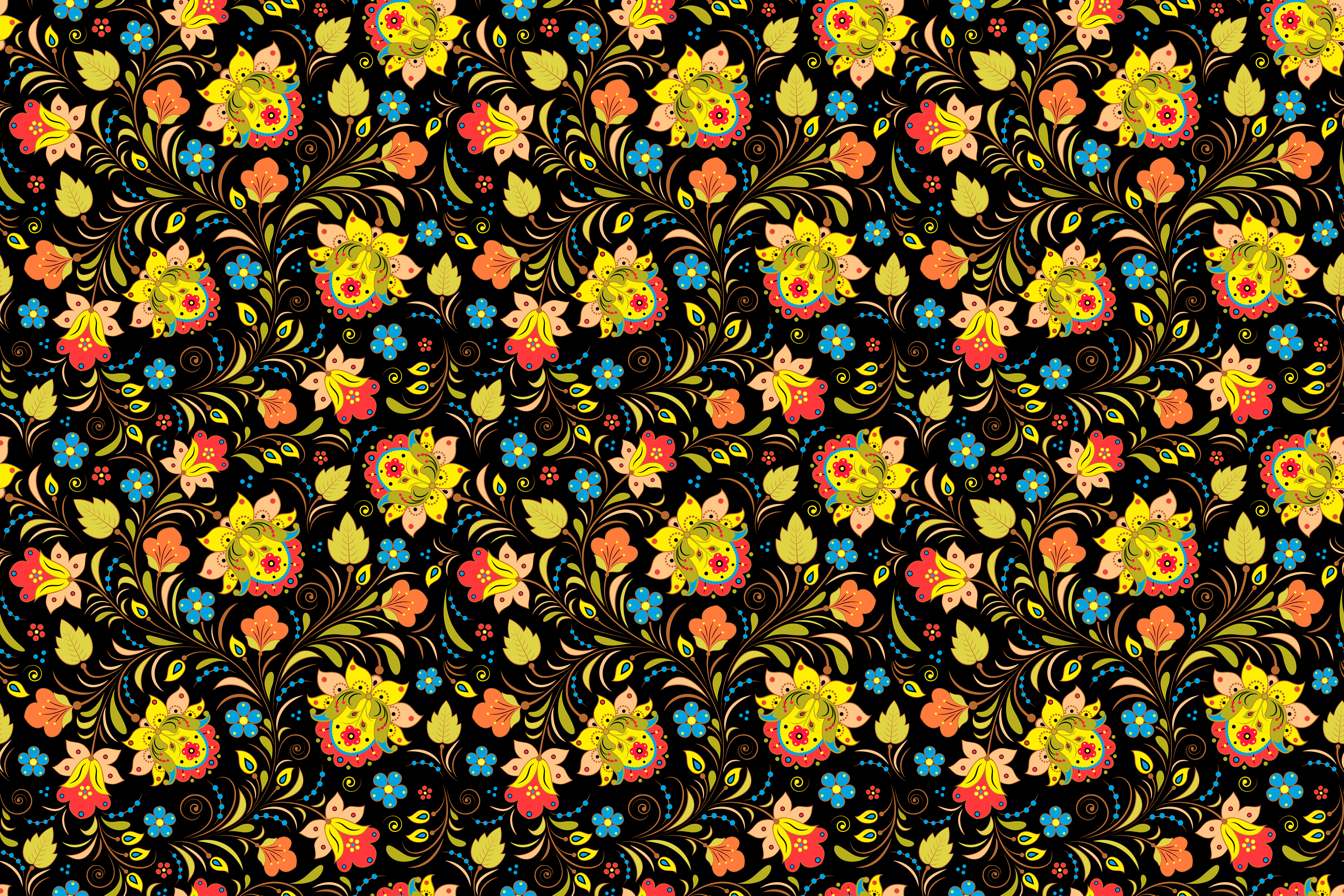 Khokhloma floral pattern on black background HD Wallpaper
