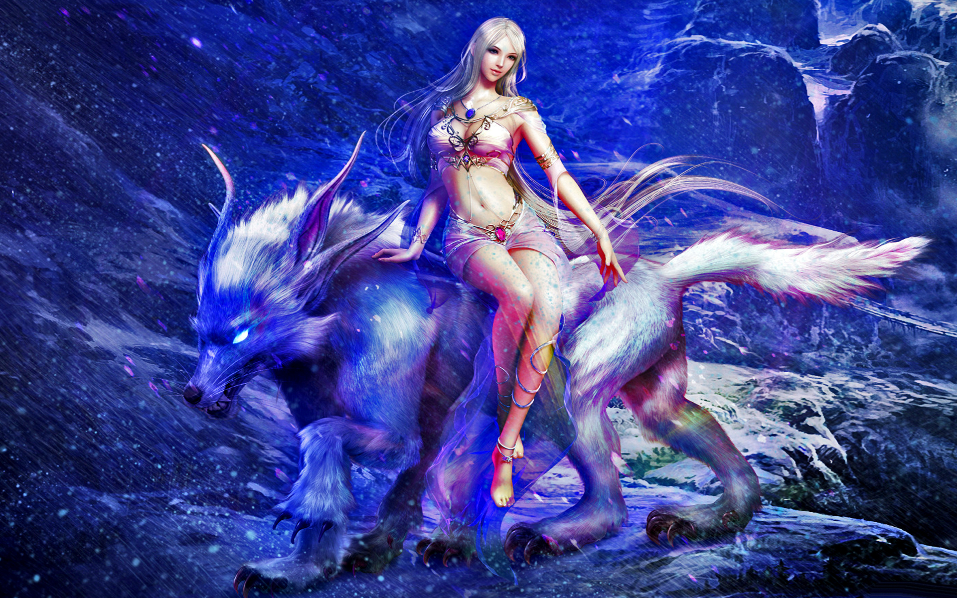 Woman Riding a Blue Wolf in a Snowy Landscape HD Wallpaper