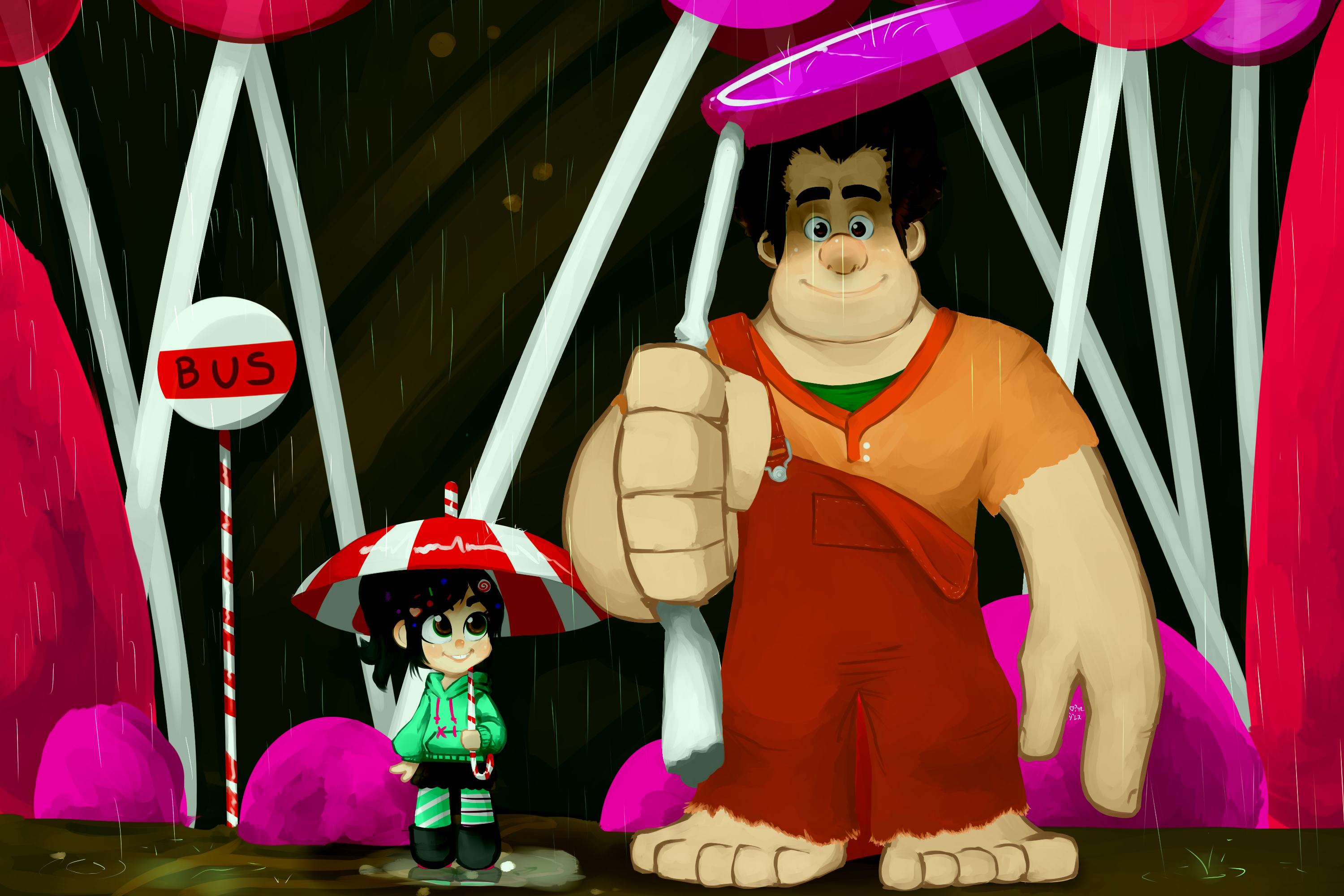 Ralph and Vanellope from Wreck-It Ralph in the rain HD Wallpaper