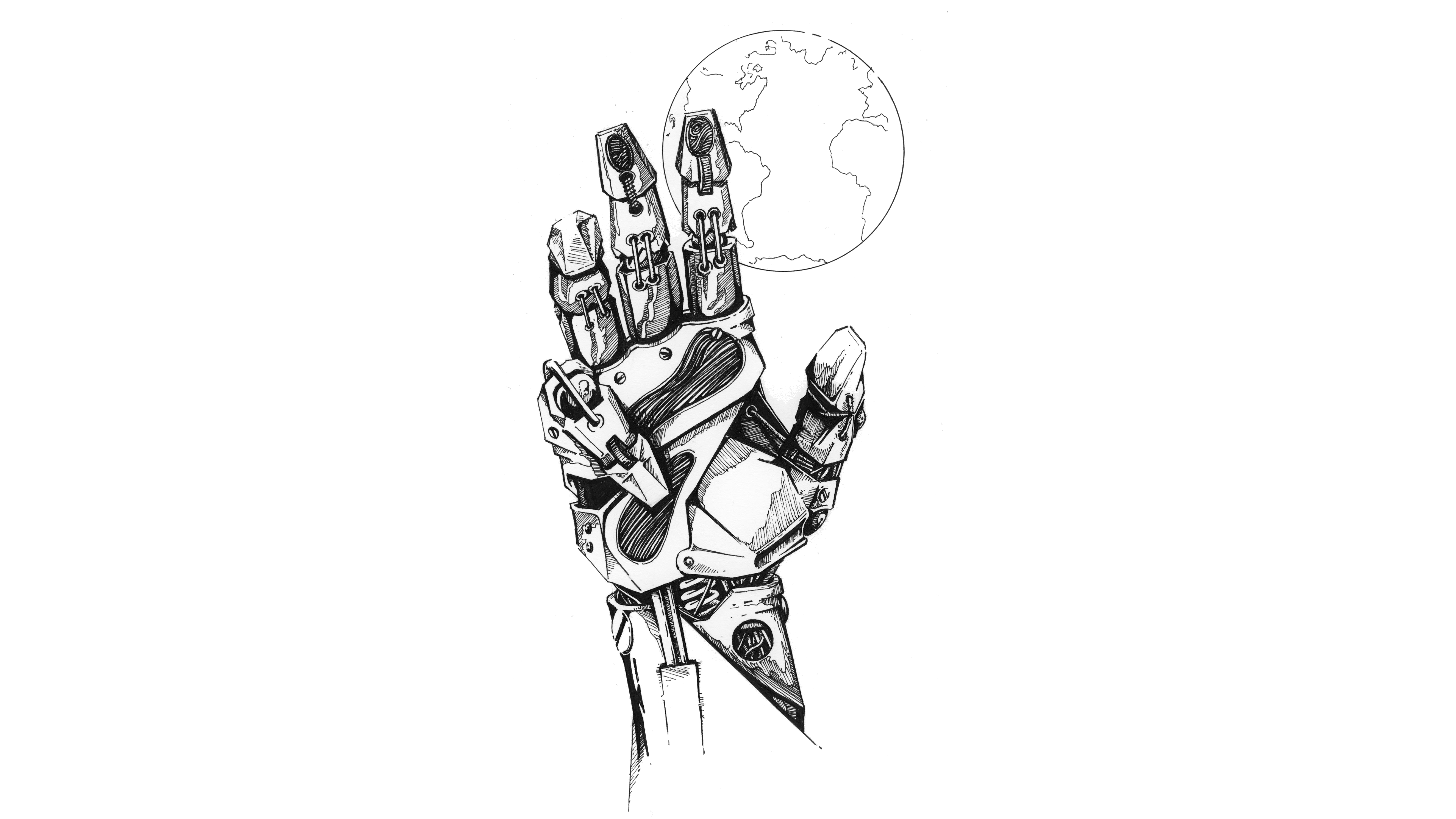 Robot hand reaching for the Earth HD Wallpaper