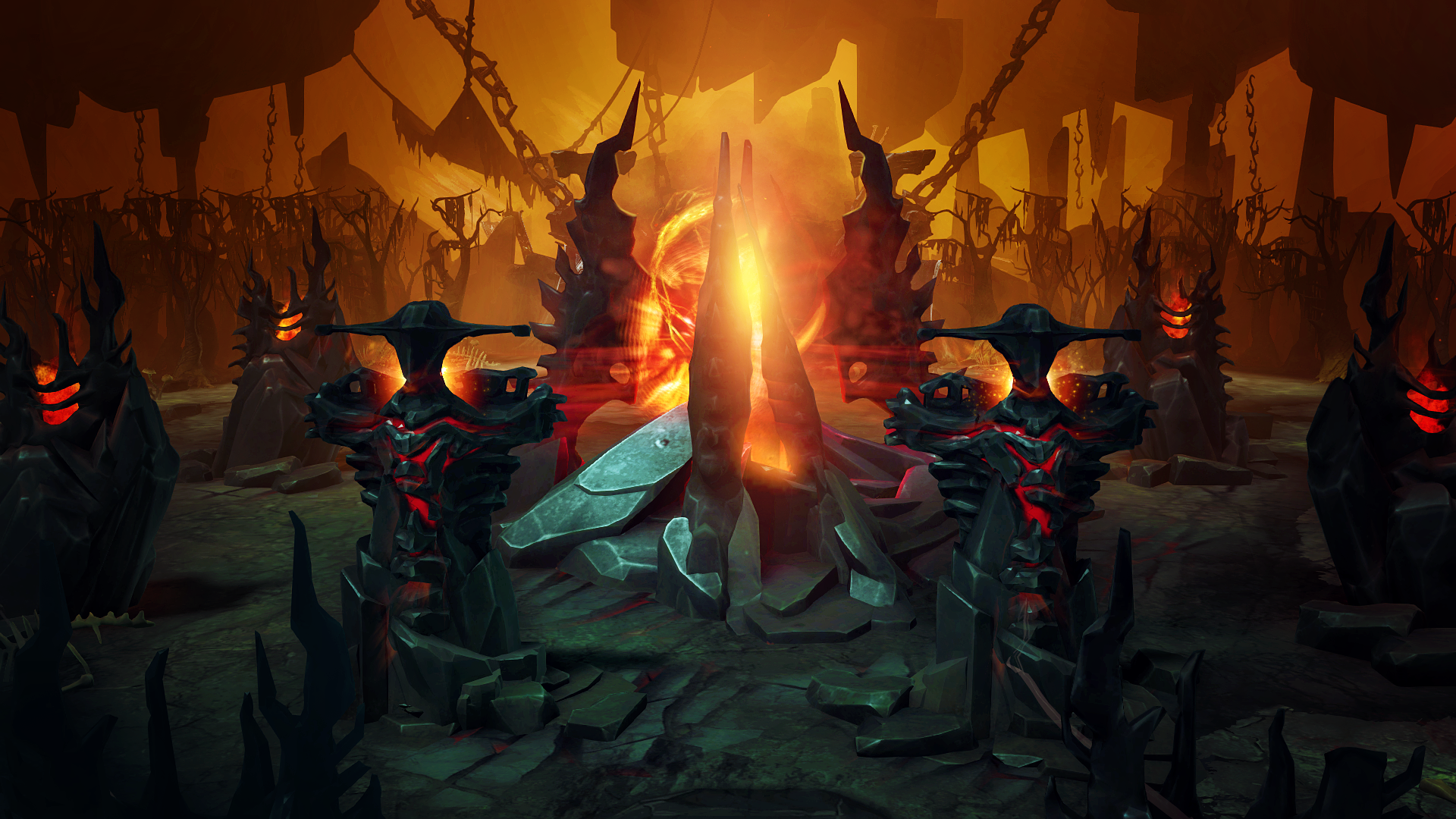Hellish landscape with demonic structures and portal in DotA 2 HD Wallpaper