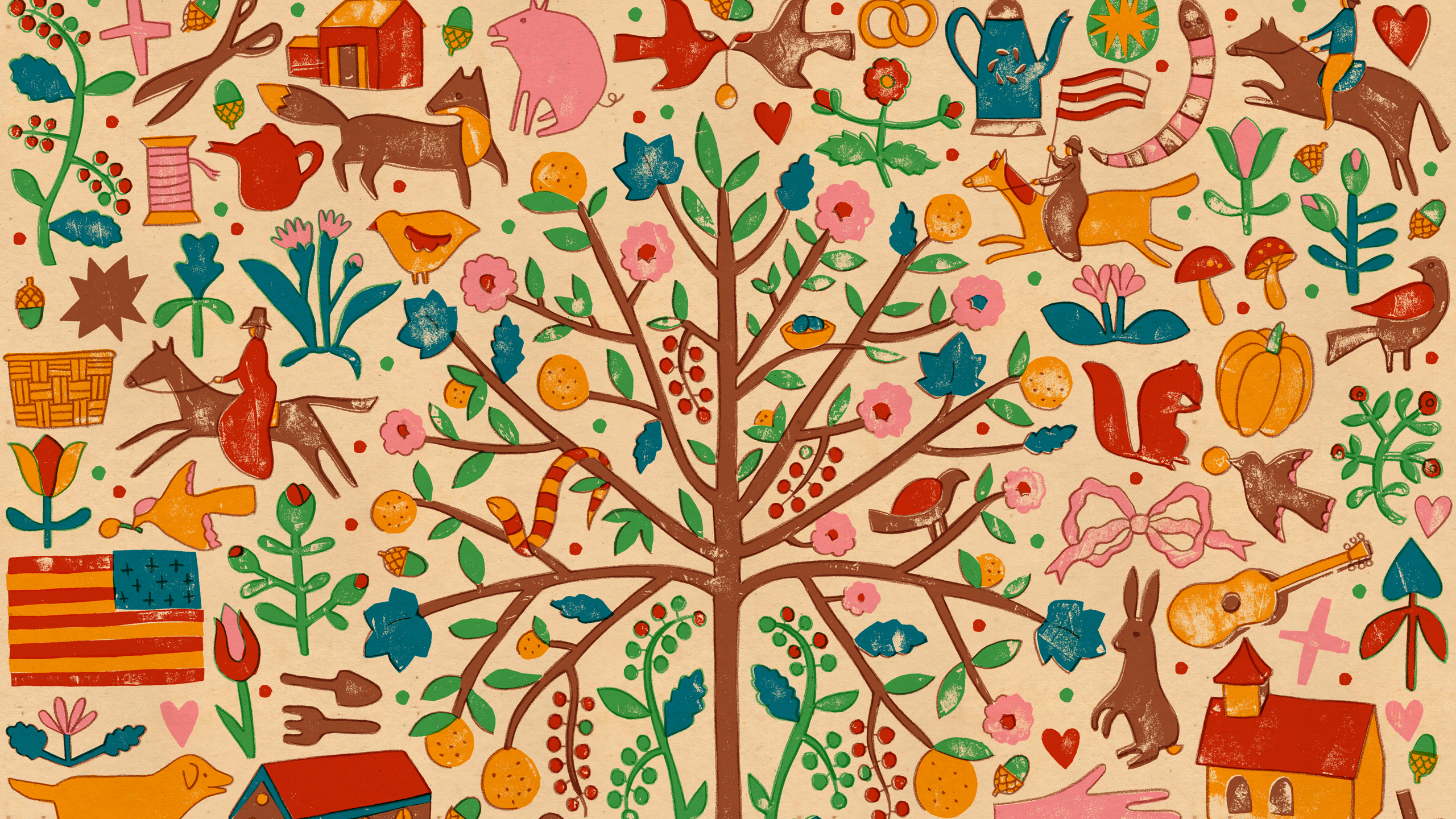 Folk art illustration of a tree with animals and objects HD Wallpaper