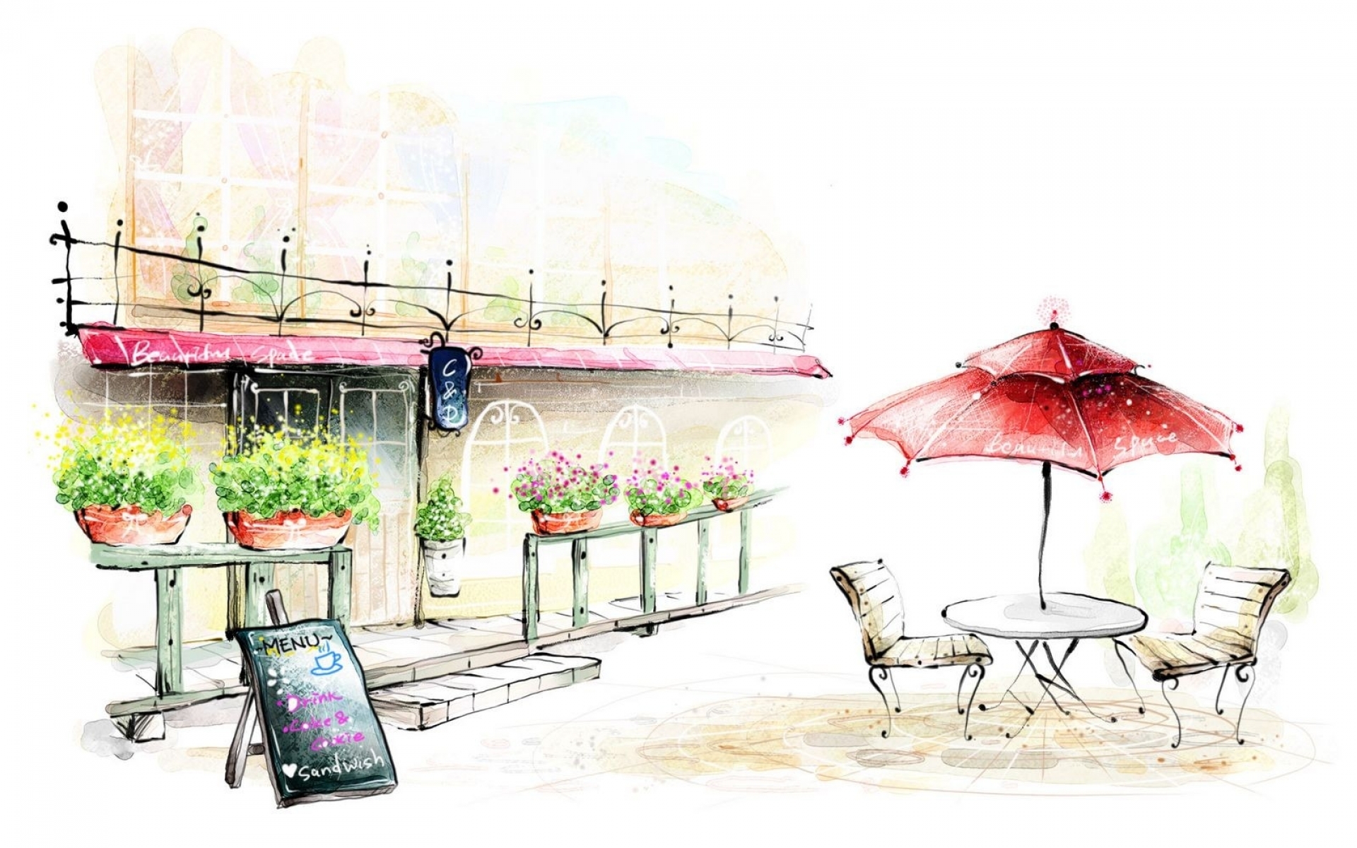 Cafe exterior with outdoor seating and menu board HD Wallpaper