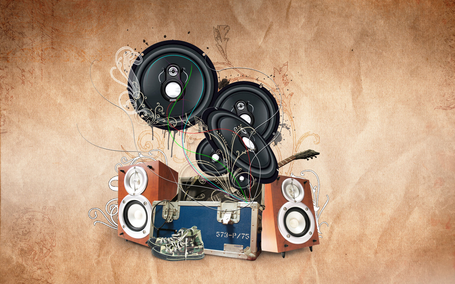 Artistic composition of speakers and musical instruments HD Wallpaper