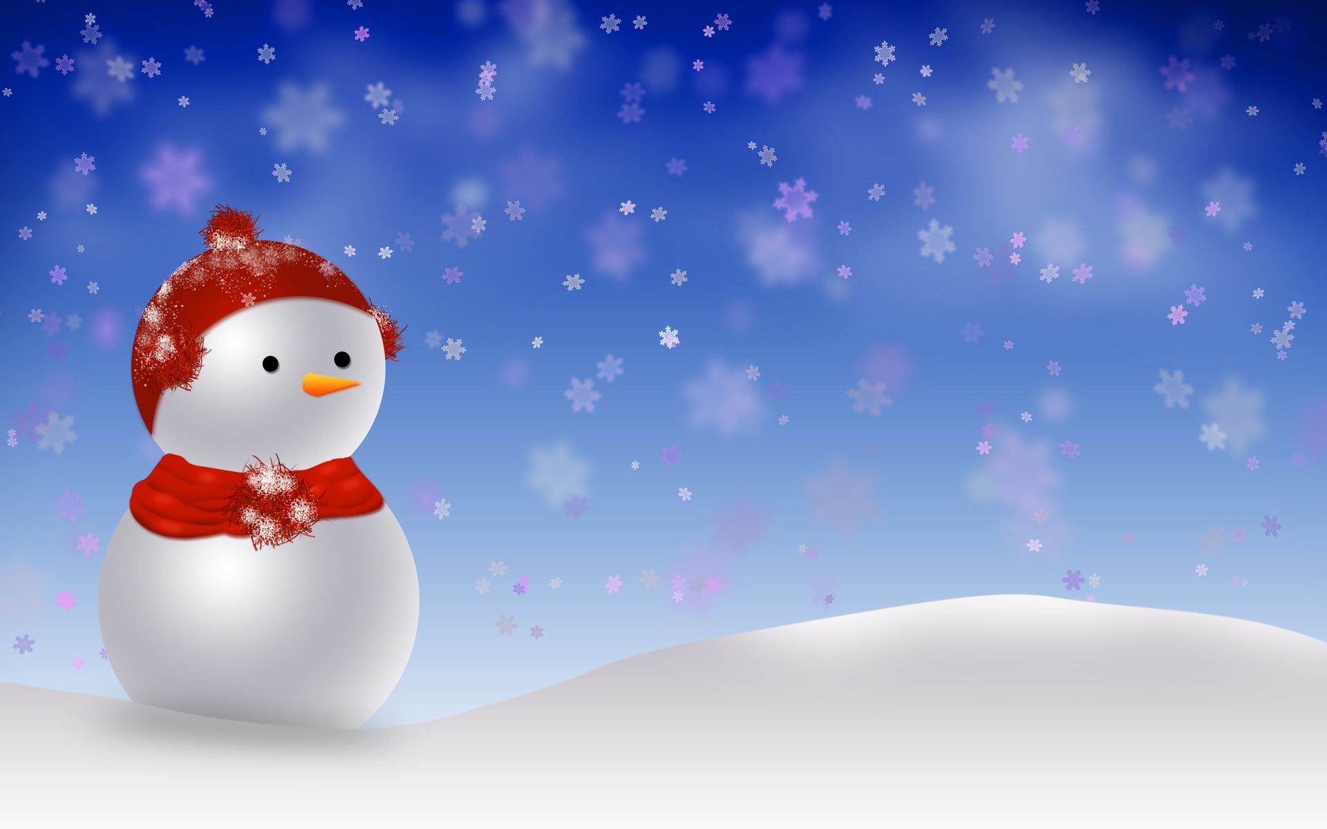 Snowman in a snowy landscape with falling snowflakes HD Wallpaper