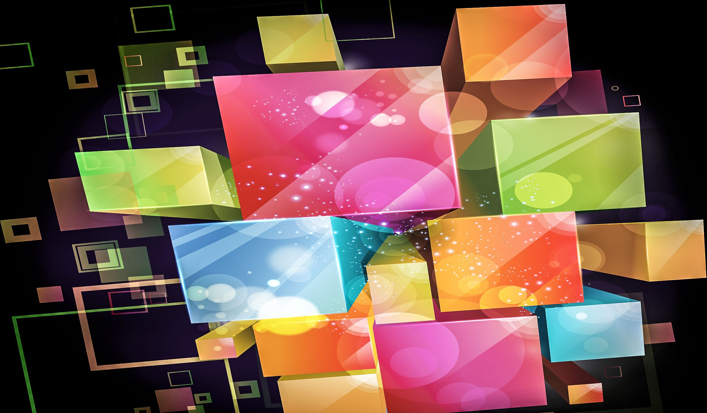 Abstract Colorful Cubes and Squares on Black Background HD Wallpaper