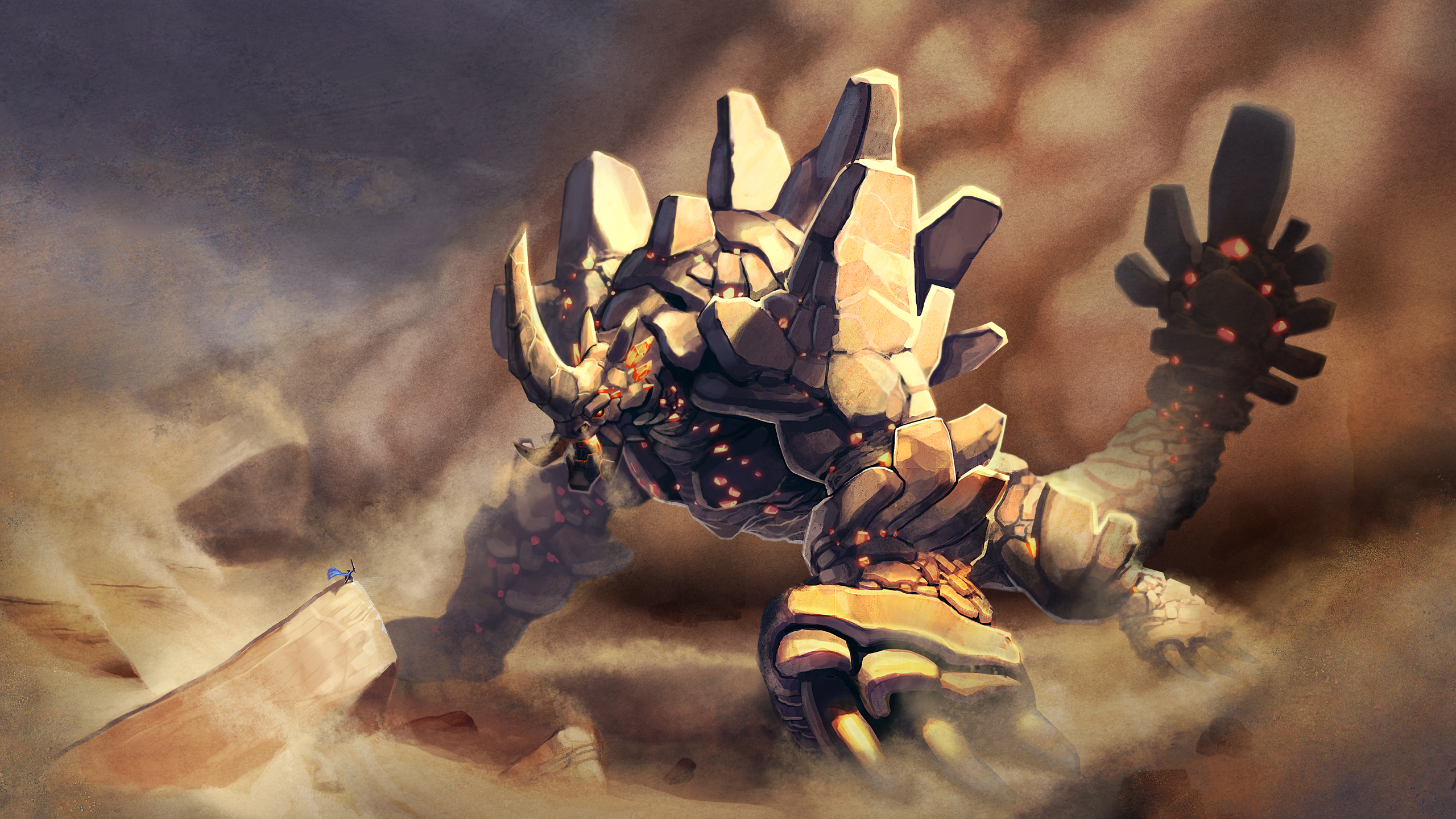 Giant Golem and small figure in a dusty landscape HD Wallpaper