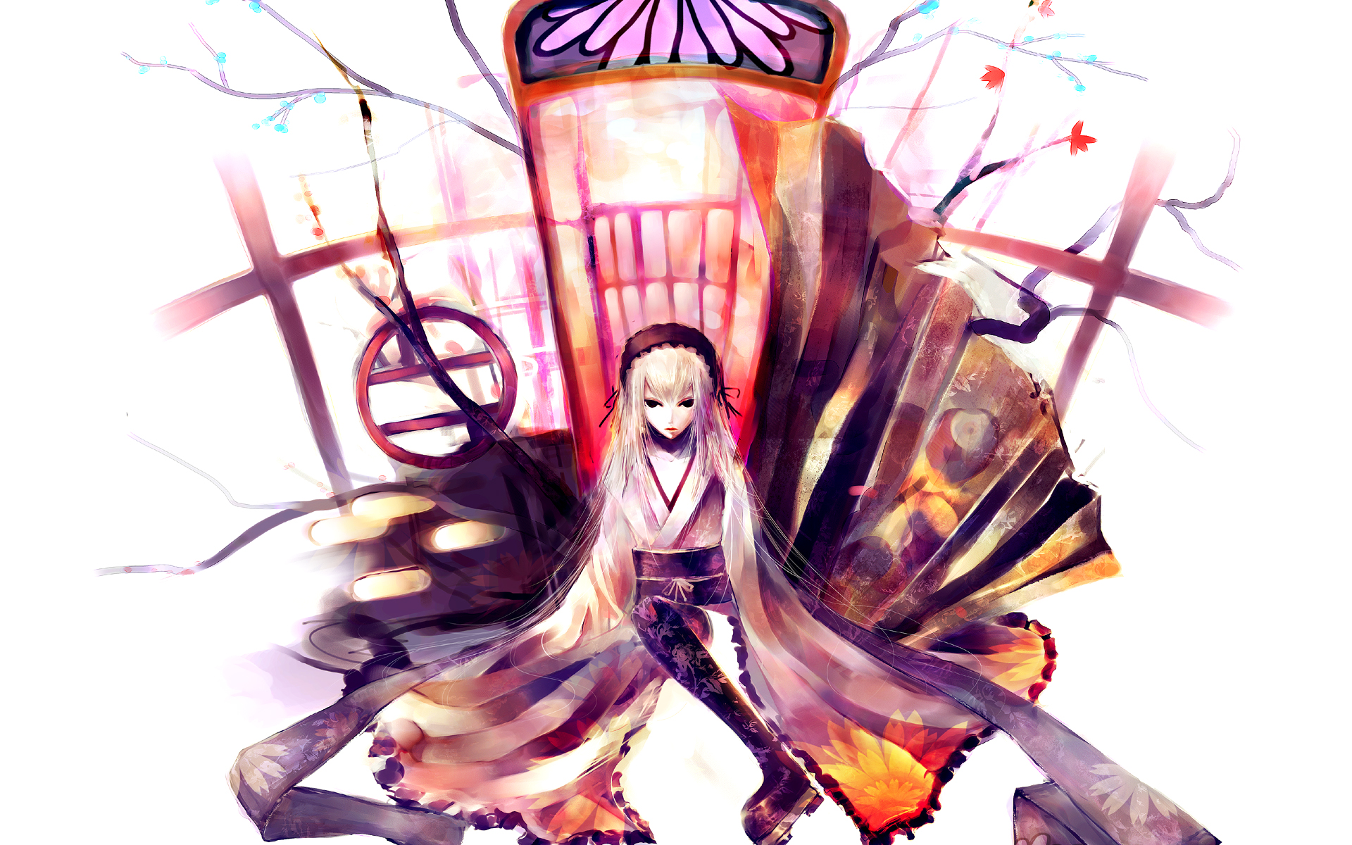 Anime girl in kimono with large fan HD Wallpaper