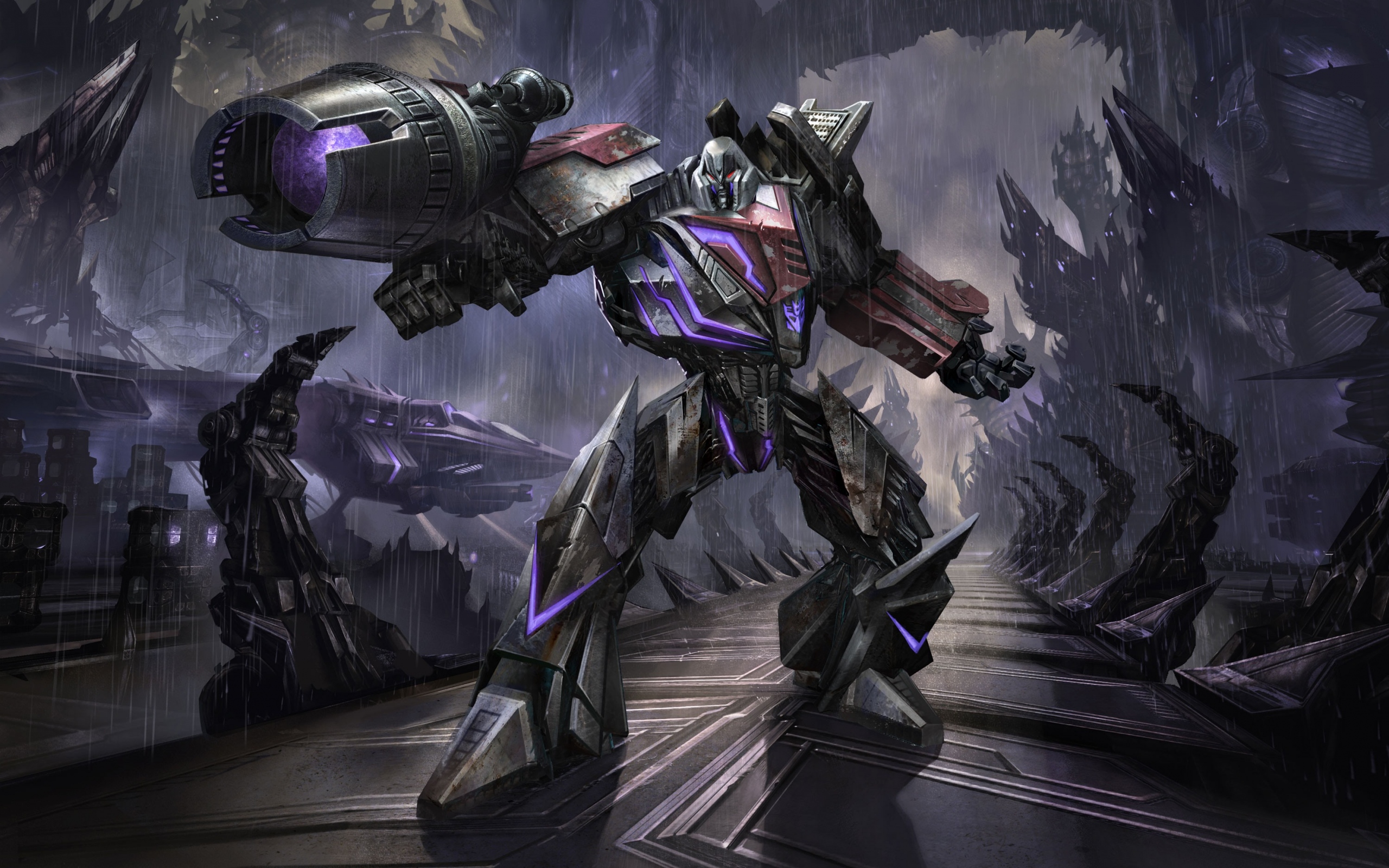 Megatron from Transformers in a rainy city HD Wallpaper