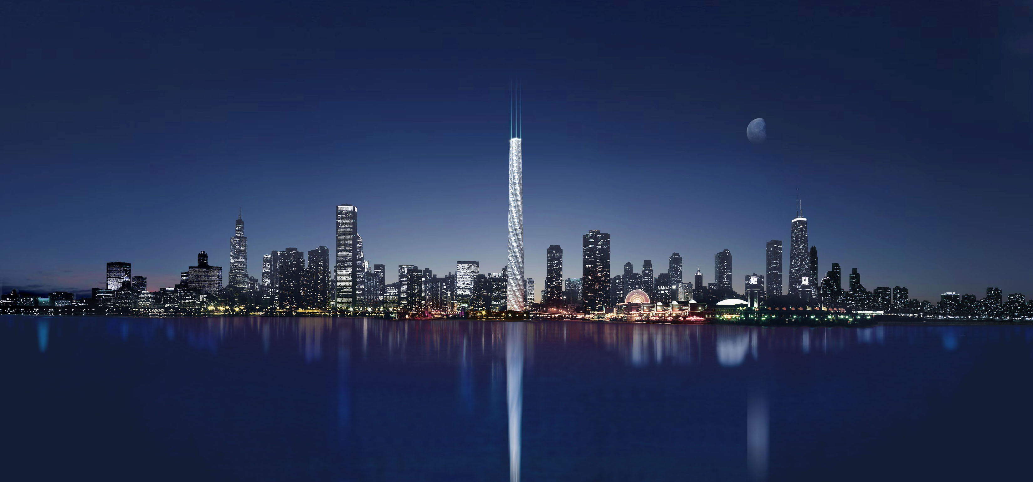 Night cityscape with a futuristic skyscraper HD Wallpaper