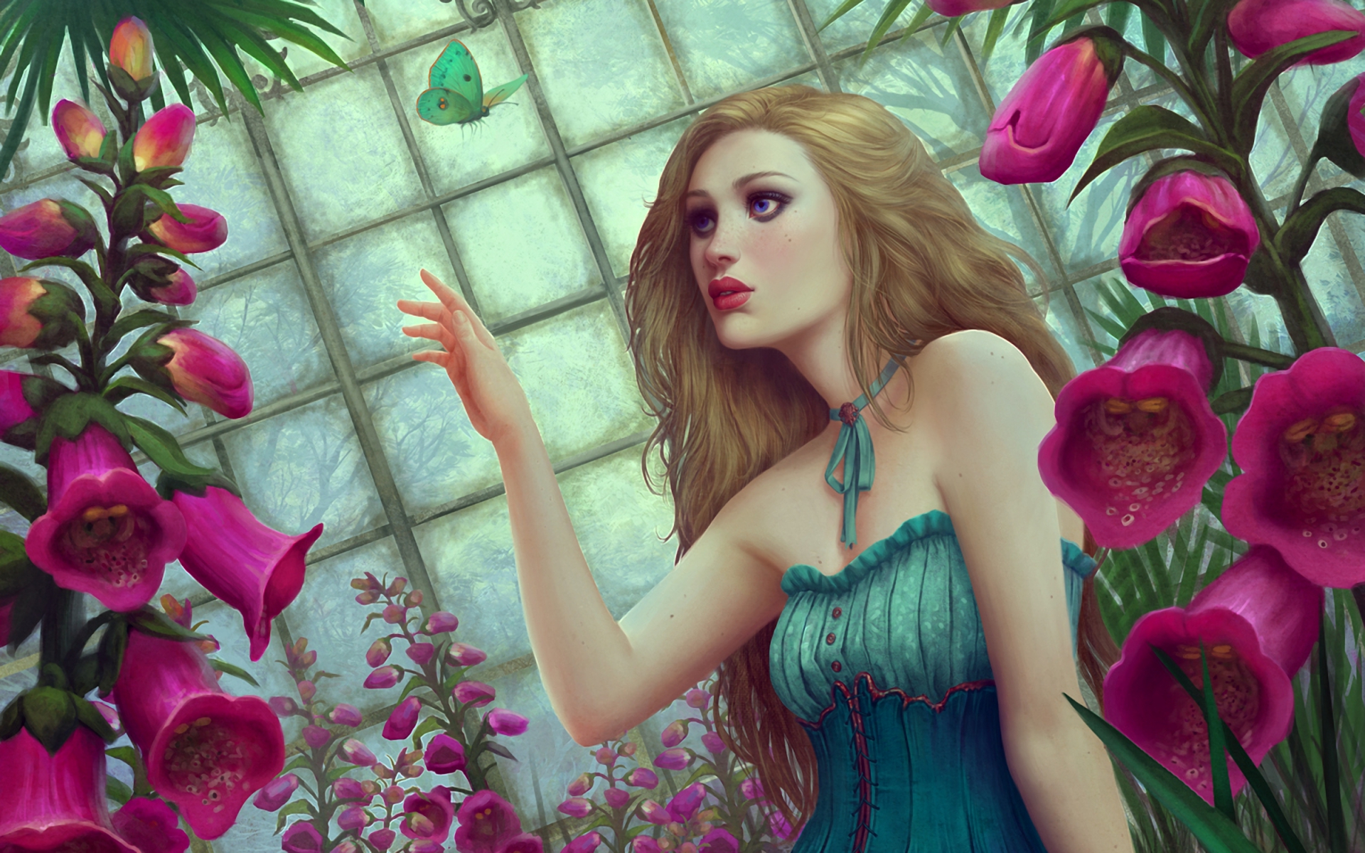 Woman reaching for a butterfly in a greenhouse HD Wallpaper