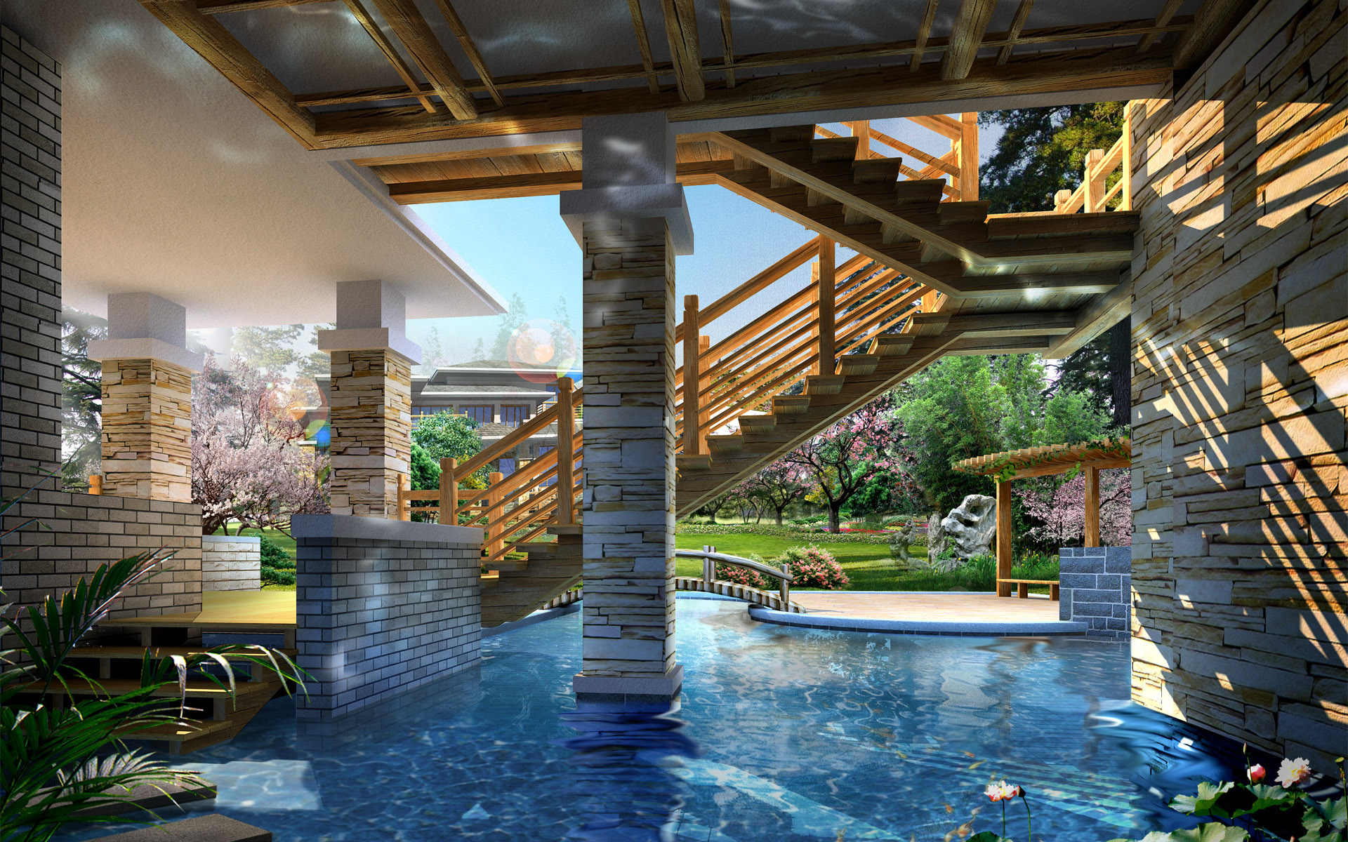 Outdoor swimming pool with wooden staircase and garden HD Wallpaper